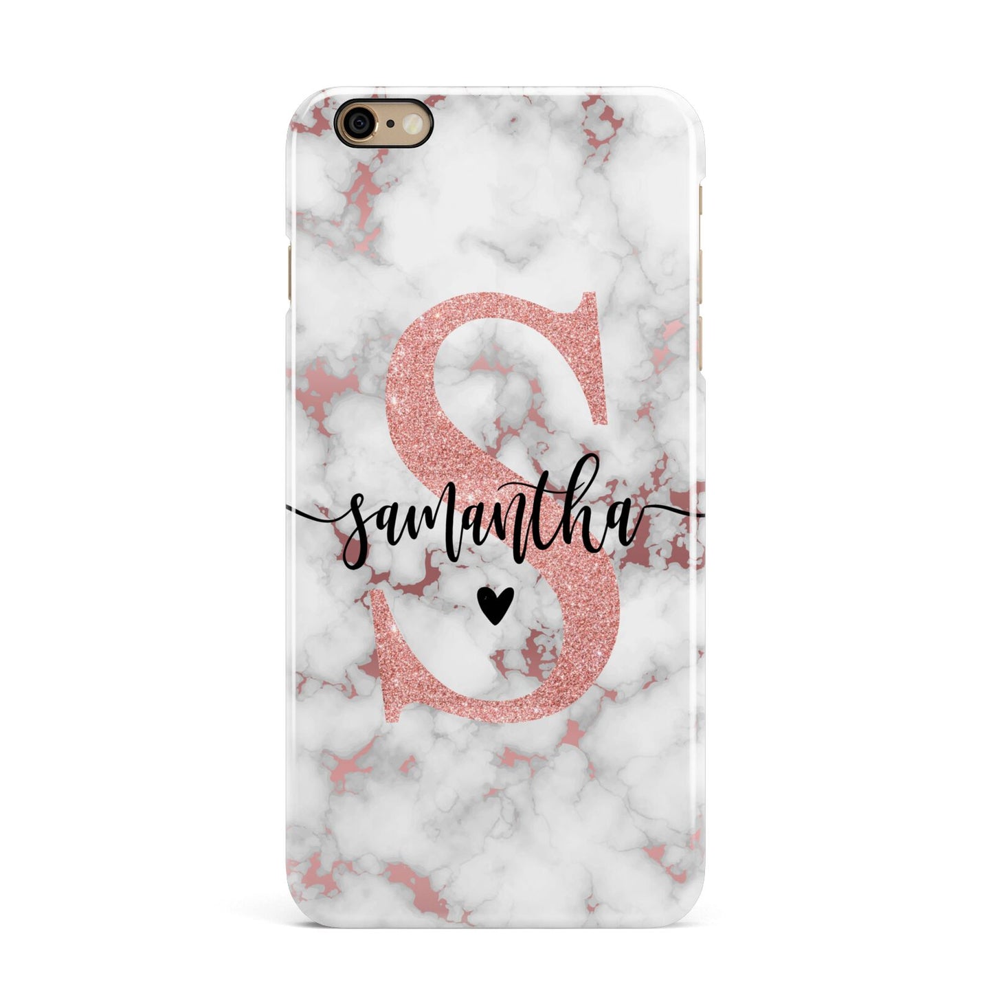 Rose Gold Personalised Marble Glitter Initial Name iPhone 6 Plus 3D Snap Case on Gold Phone
