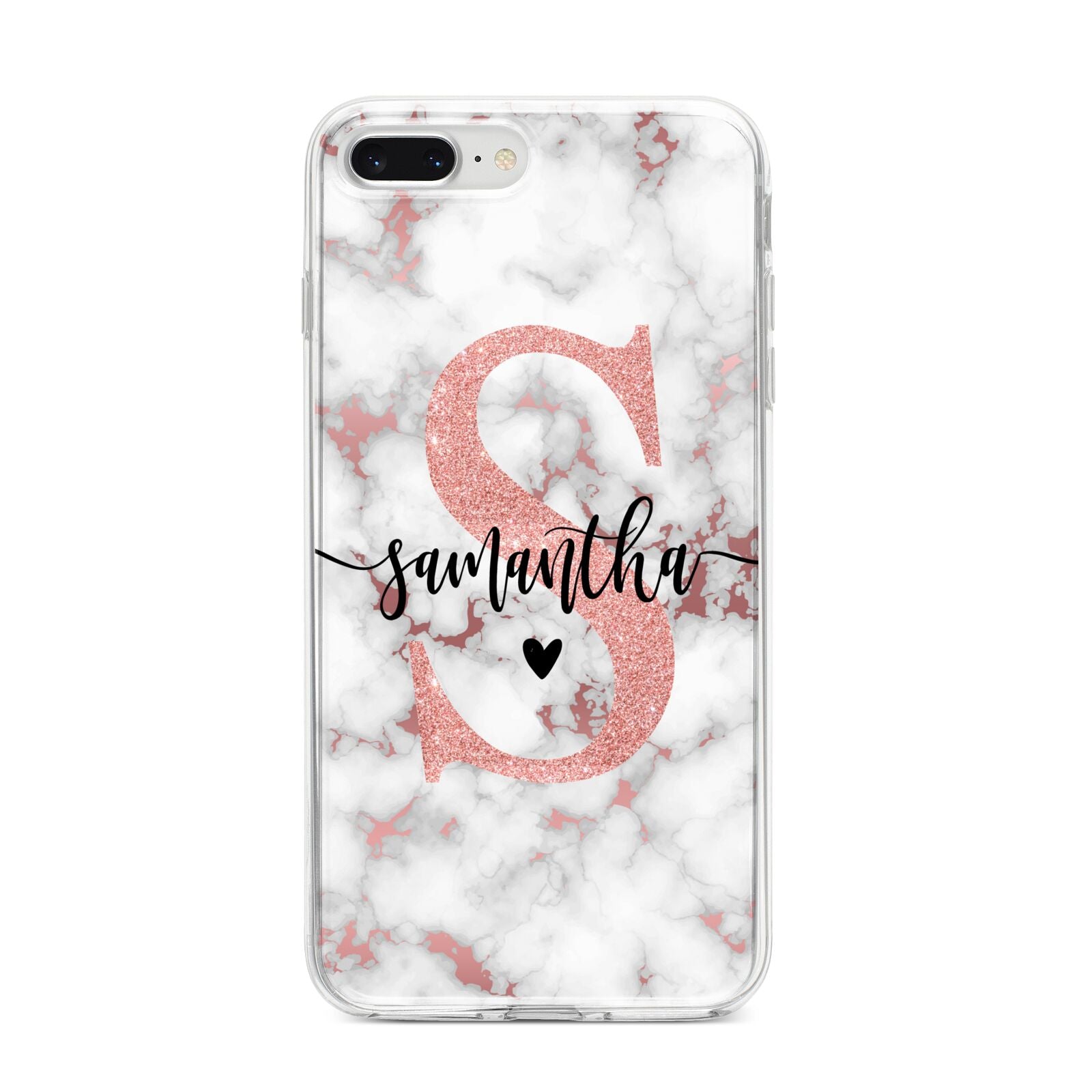 Rose Gold Personalised Marble Glitter Initial Name iPhone 8 Plus Bumper Case on Silver iPhone