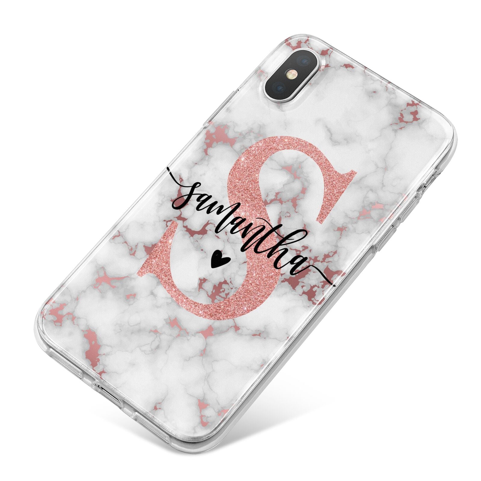 Rose Gold Personalised Marble Glitter Initial Name iPhone X Bumper Case on Silver iPhone