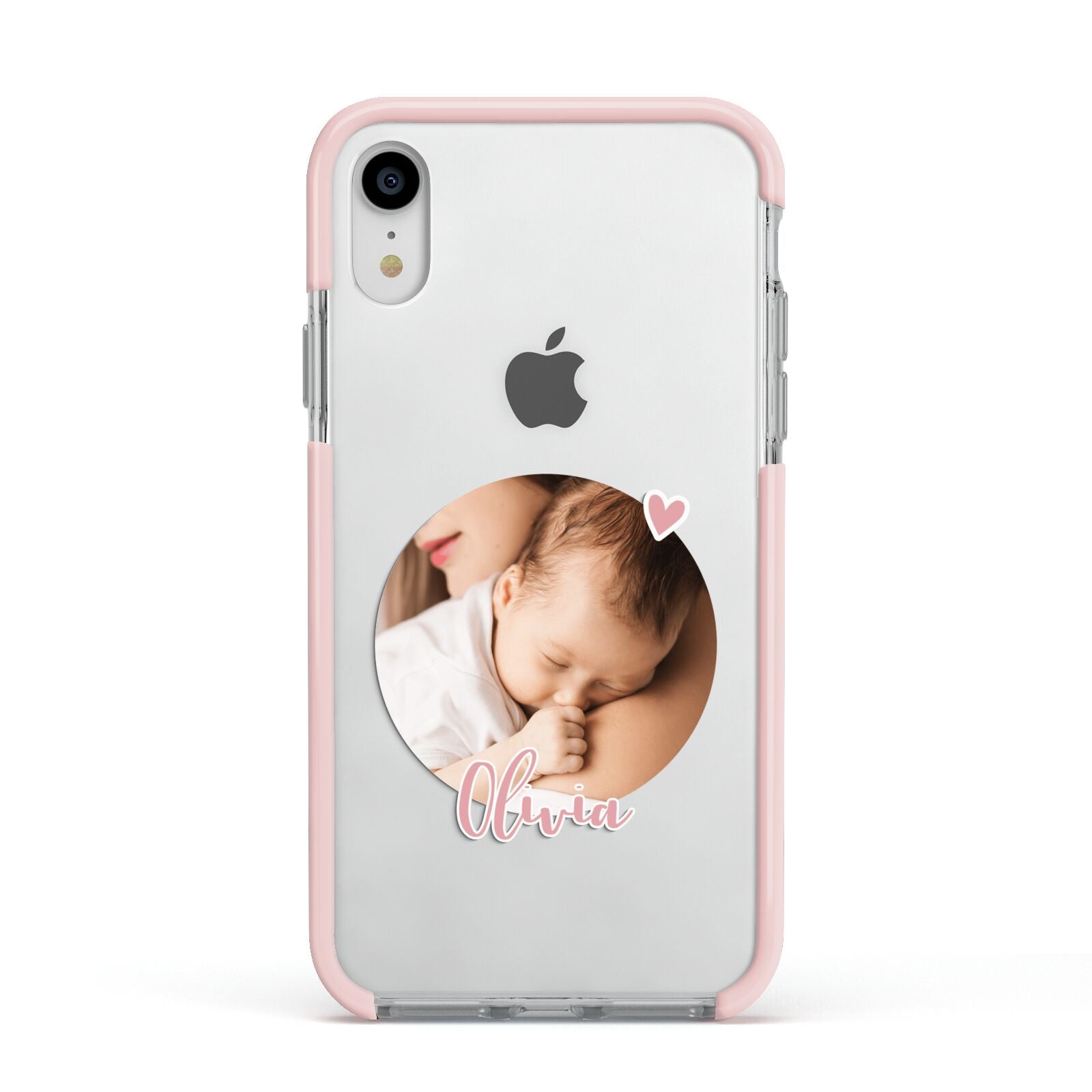 Round Photo Love Upload Apple iPhone XR Impact Case Pink Edge on Silver Phone