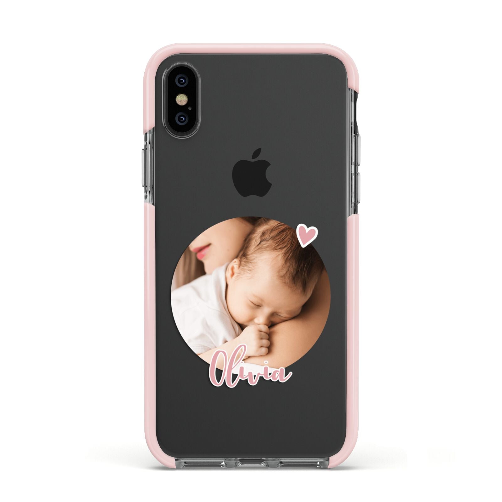 Round Photo Love Upload Apple iPhone Xs Impact Case Pink Edge on Black Phone