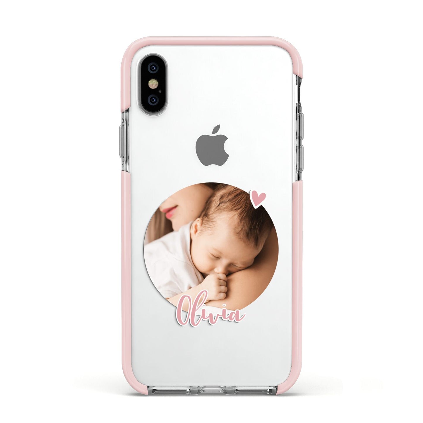 Round Photo Love Upload Apple iPhone Xs Impact Case Pink Edge on Silver Phone