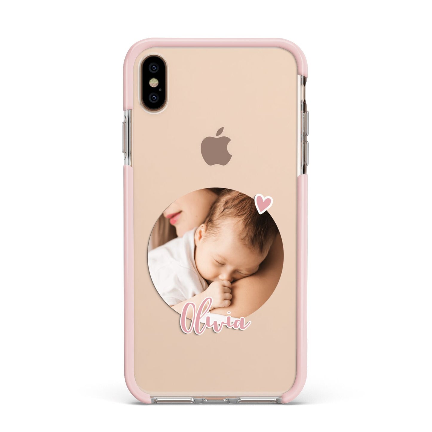 Round Photo Love Upload Apple iPhone Xs Max Impact Case Pink Edge on Gold Phone