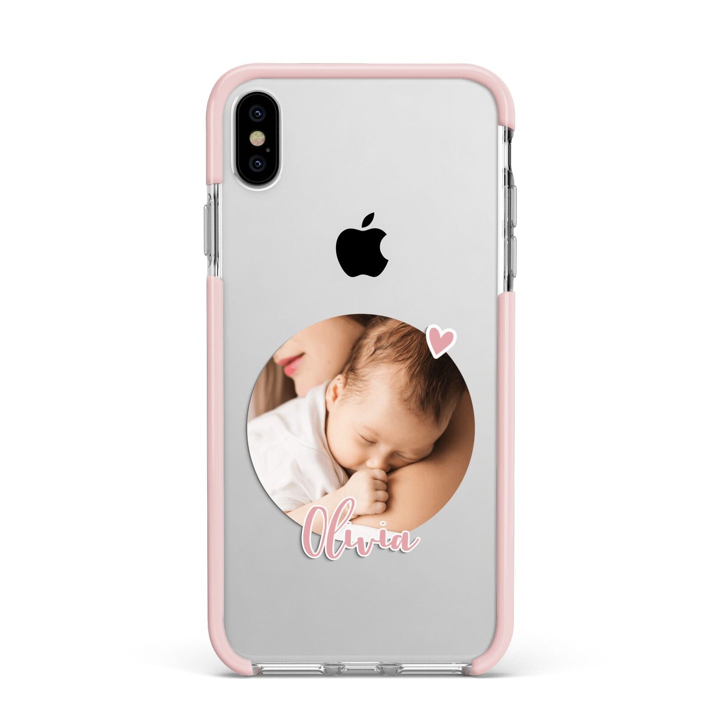 Round Photo Love Upload Apple iPhone Xs Max Impact Case Pink Edge on Silver Phone