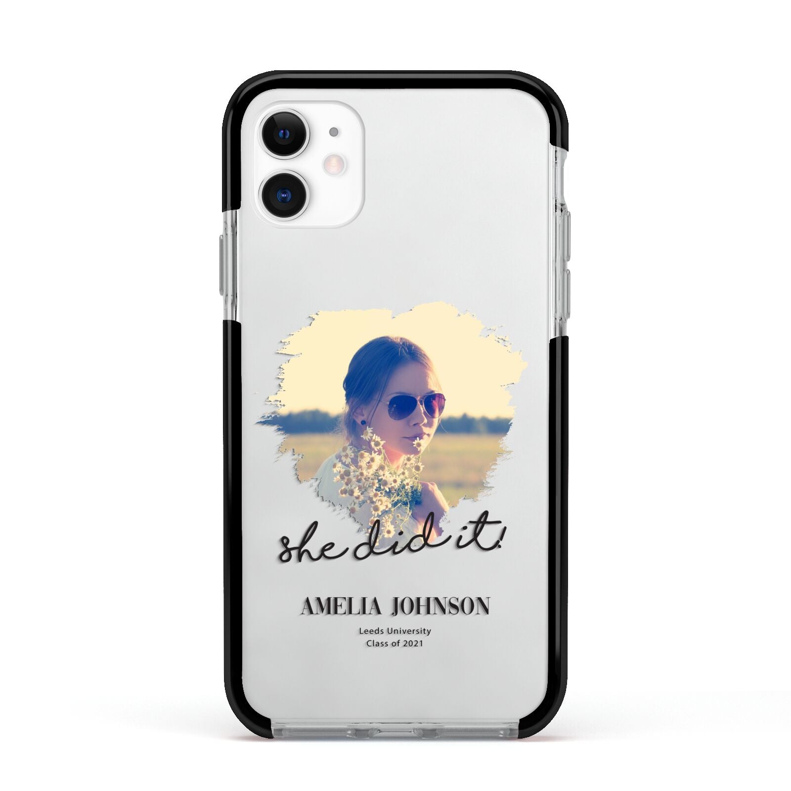She Did It Graduation Photo with Name Apple iPhone 11 in White with Black Impact Case