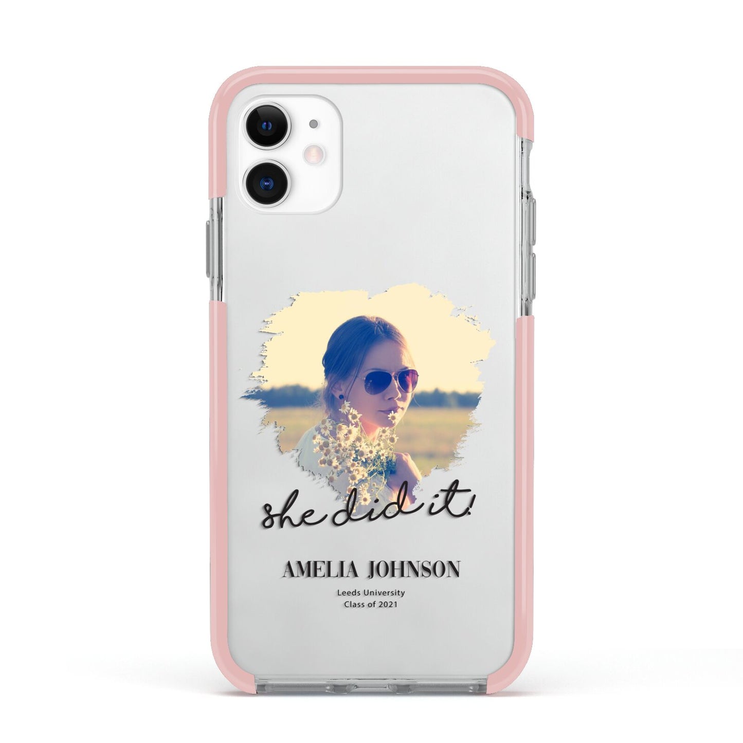 She Did It Graduation Photo with Name Apple iPhone 11 in White with Pink Impact Case
