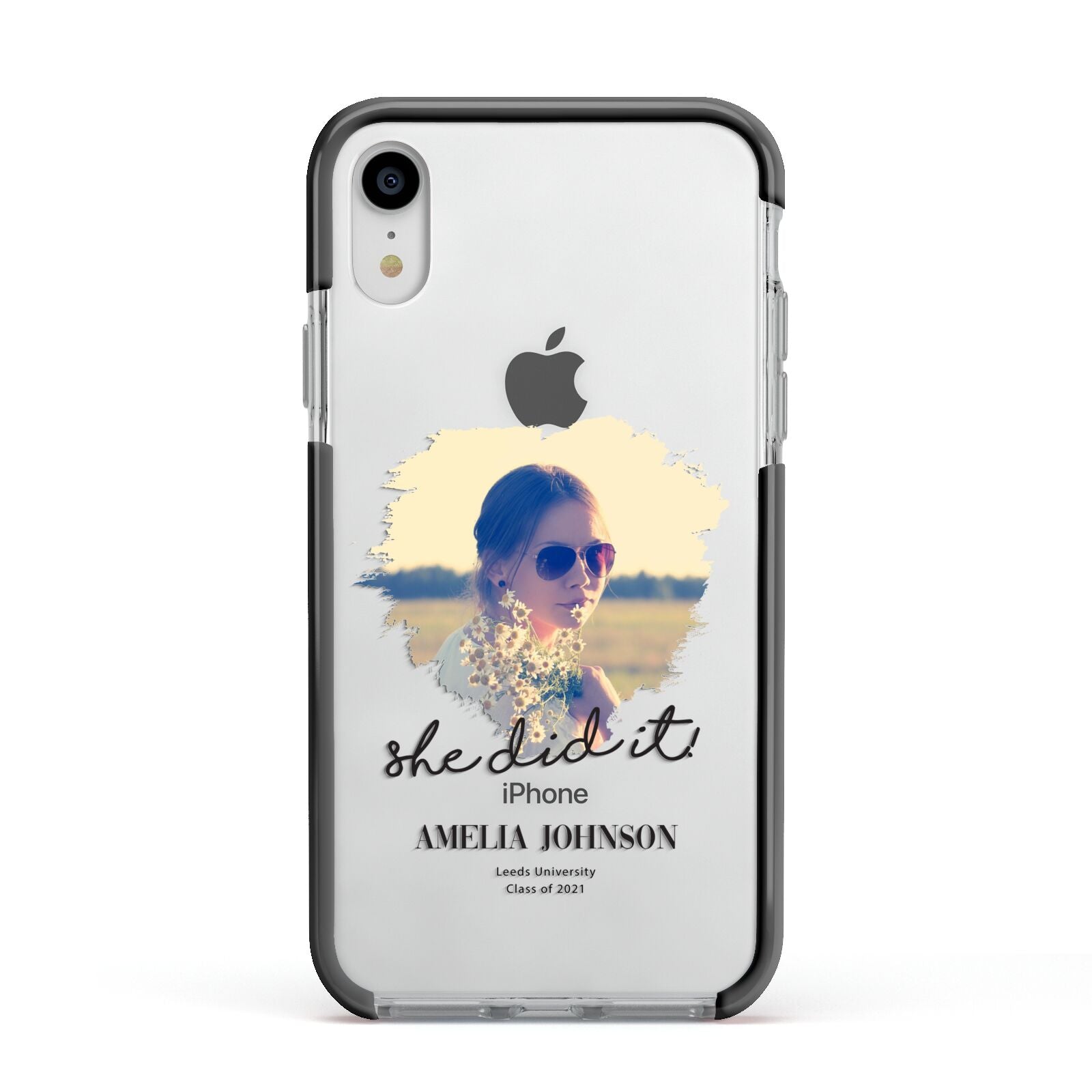 She Did It Graduation Photo with Name Apple iPhone XR Impact Case Black Edge on Silver Phone