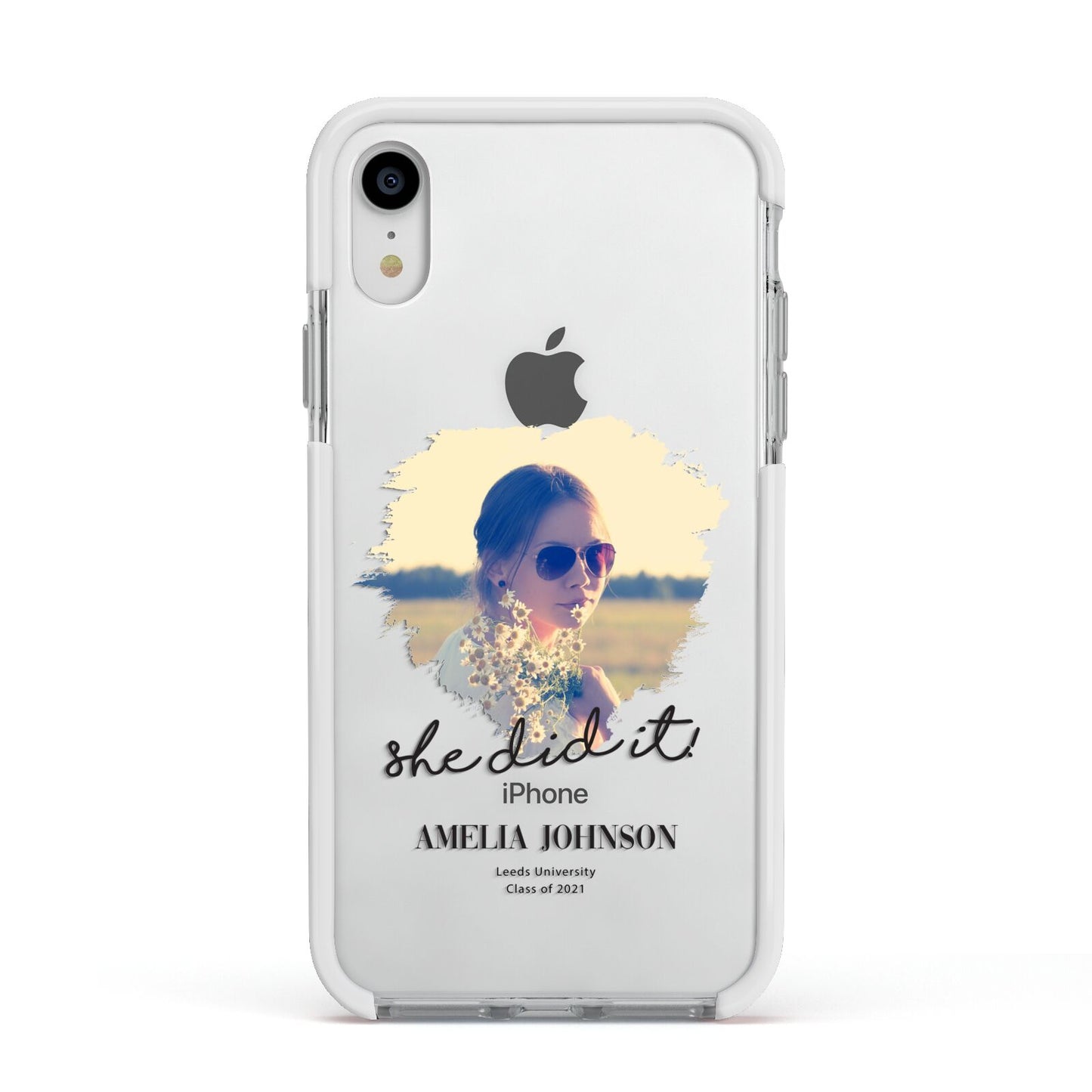 She Did It Graduation Photo with Name Apple iPhone XR Impact Case White Edge on Silver Phone