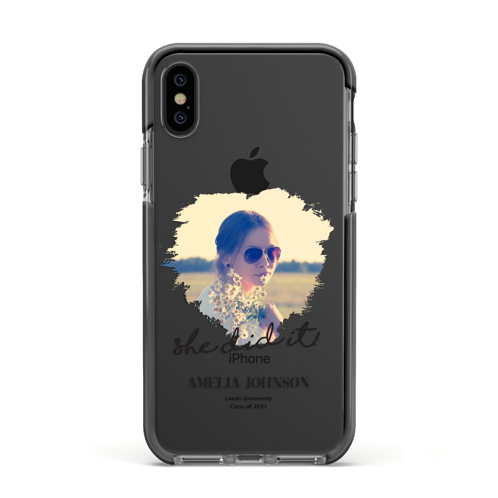 She Did It Graduation Photo with Name Apple iPhone Xs Impact Case Black Edge on Black Phone