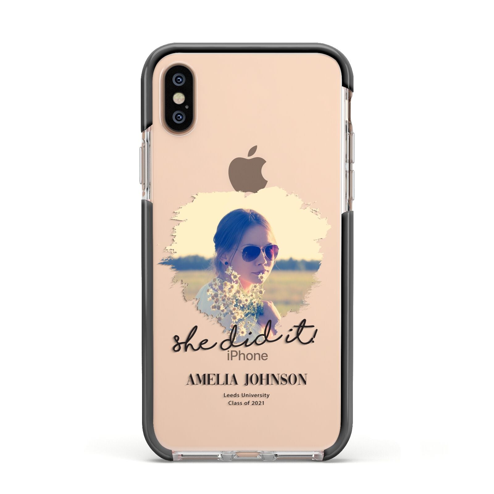 She Did It Graduation Photo with Name Apple iPhone Xs Impact Case Black Edge on Gold Phone