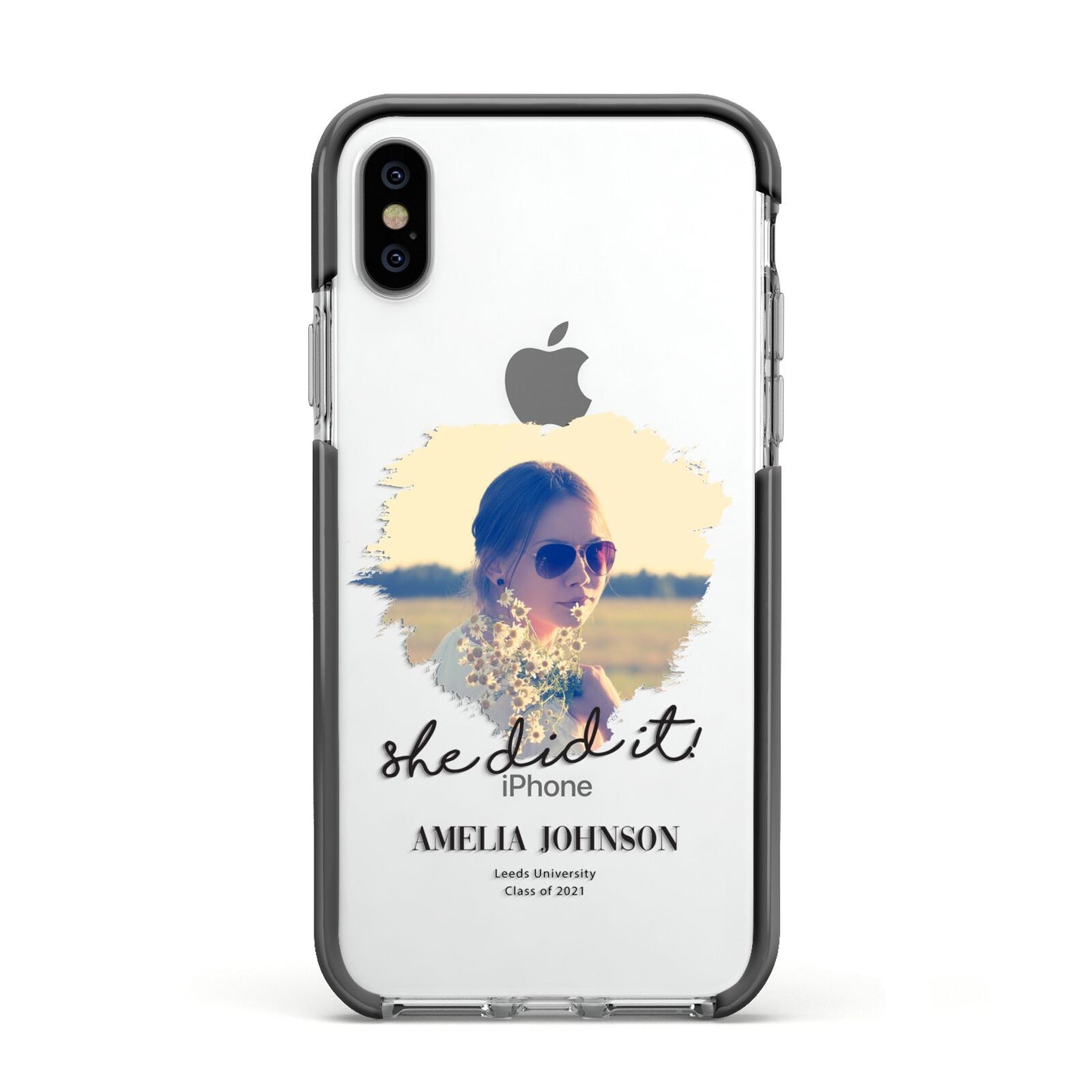 She Did It Graduation Photo with Name Apple iPhone Xs Impact Case Black Edge on Silver Phone