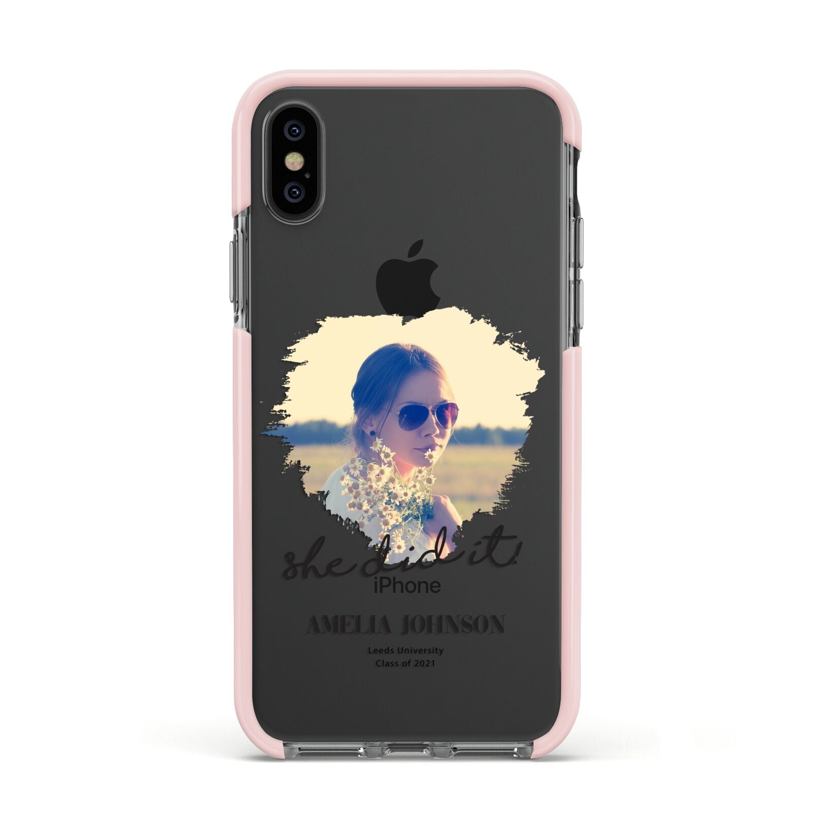 She Did It Graduation Photo with Name Apple iPhone Xs Impact Case Pink Edge on Black Phone