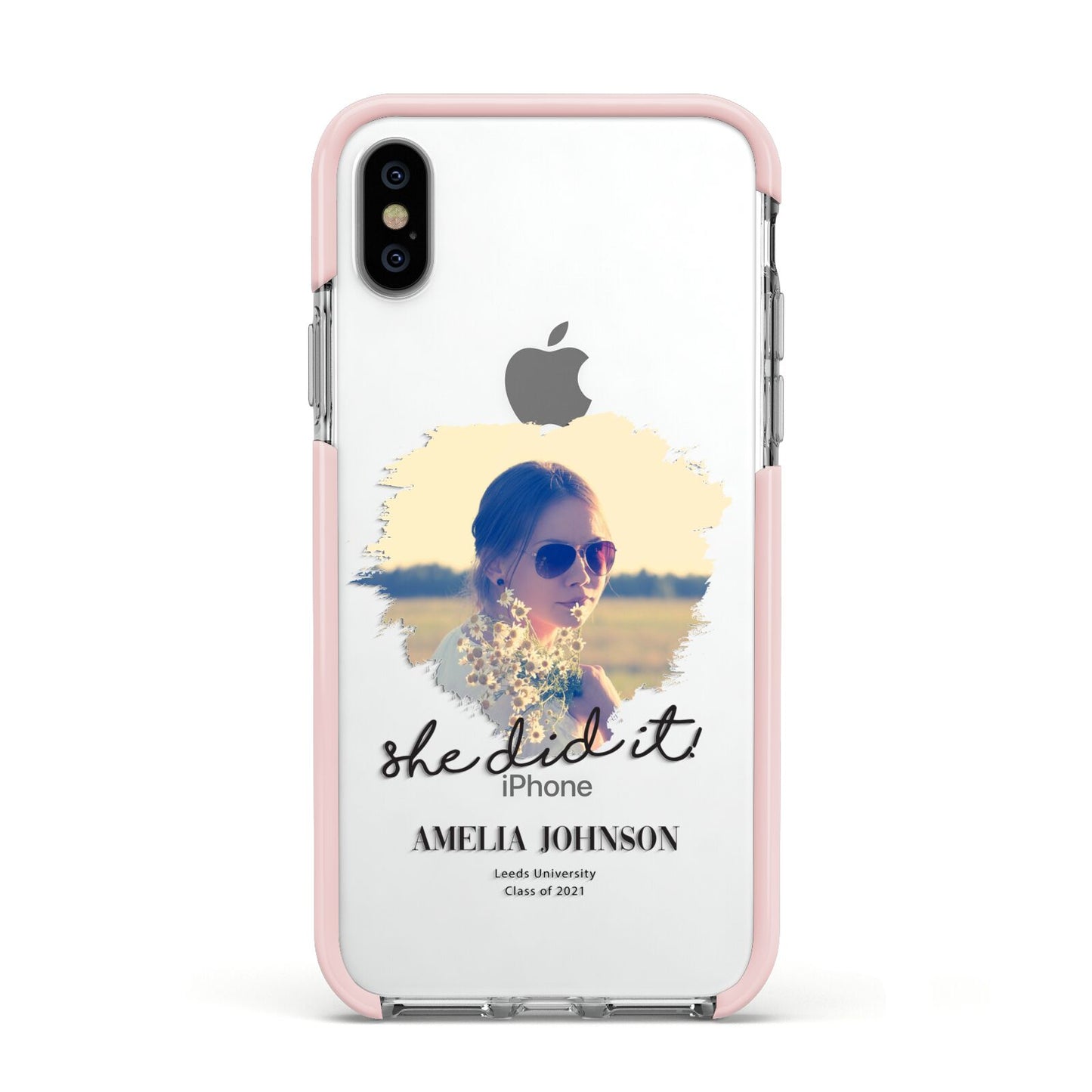 She Did It Graduation Photo with Name Apple iPhone Xs Impact Case Pink Edge on Silver Phone
