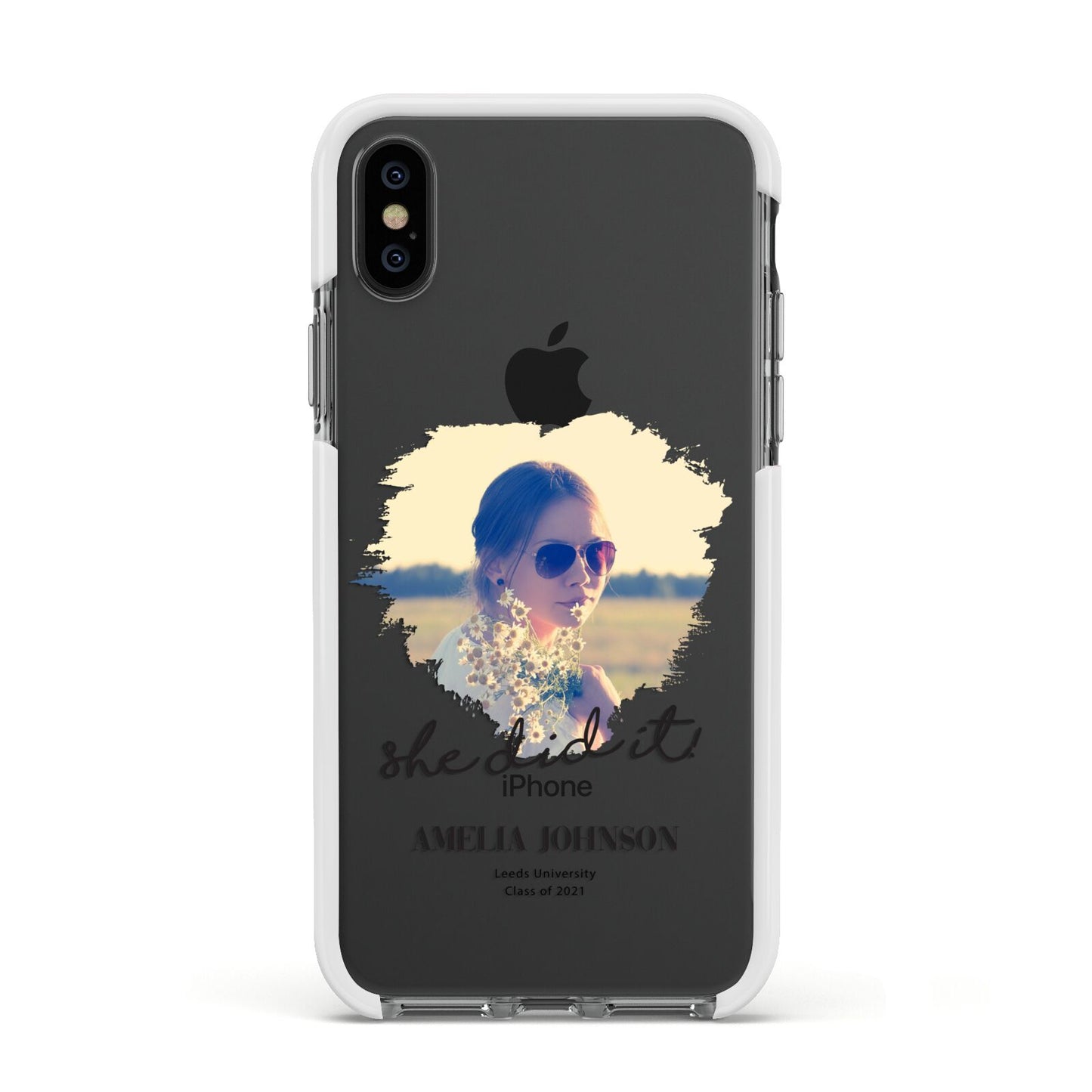 She Did It Graduation Photo with Name Apple iPhone Xs Impact Case White Edge on Black Phone
