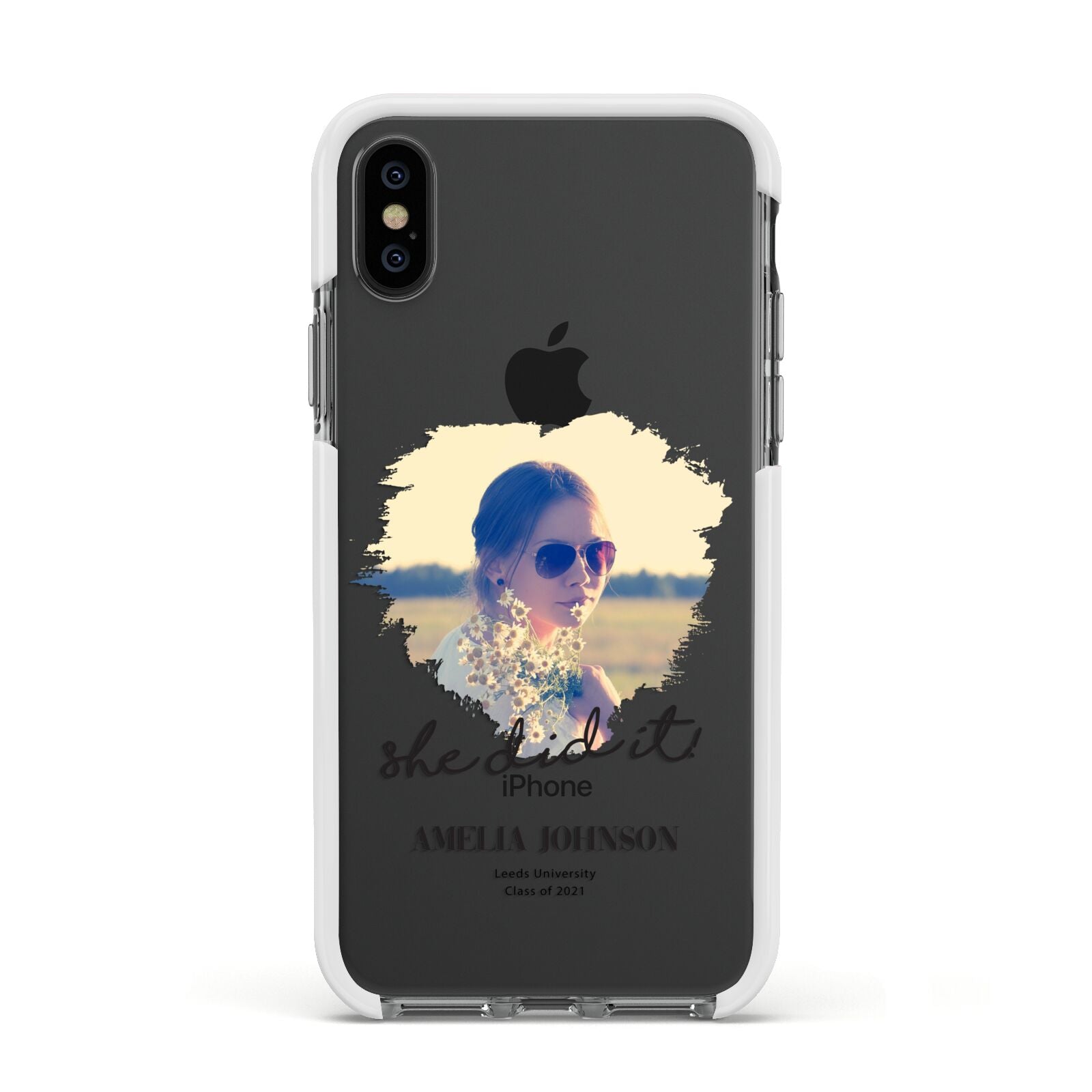 She Did It Graduation Photo with Name Apple iPhone Xs Impact Case White Edge on Black Phone