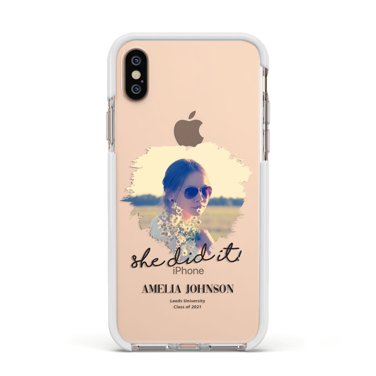 She Did It Graduation Photo with Name Apple iPhone Xs Impact Case White Edge on Gold Phone