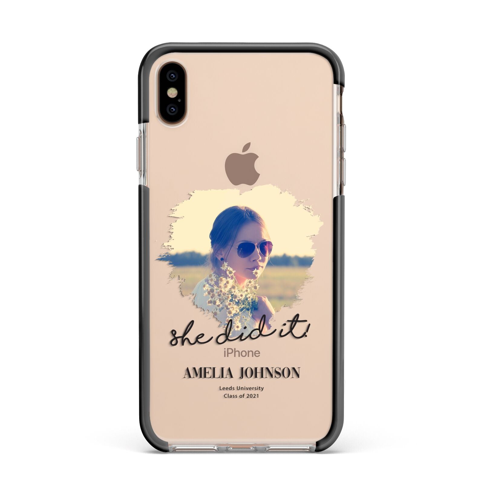 She Did It Graduation Photo with Name Apple iPhone Xs Max Impact Case Black Edge on Gold Phone