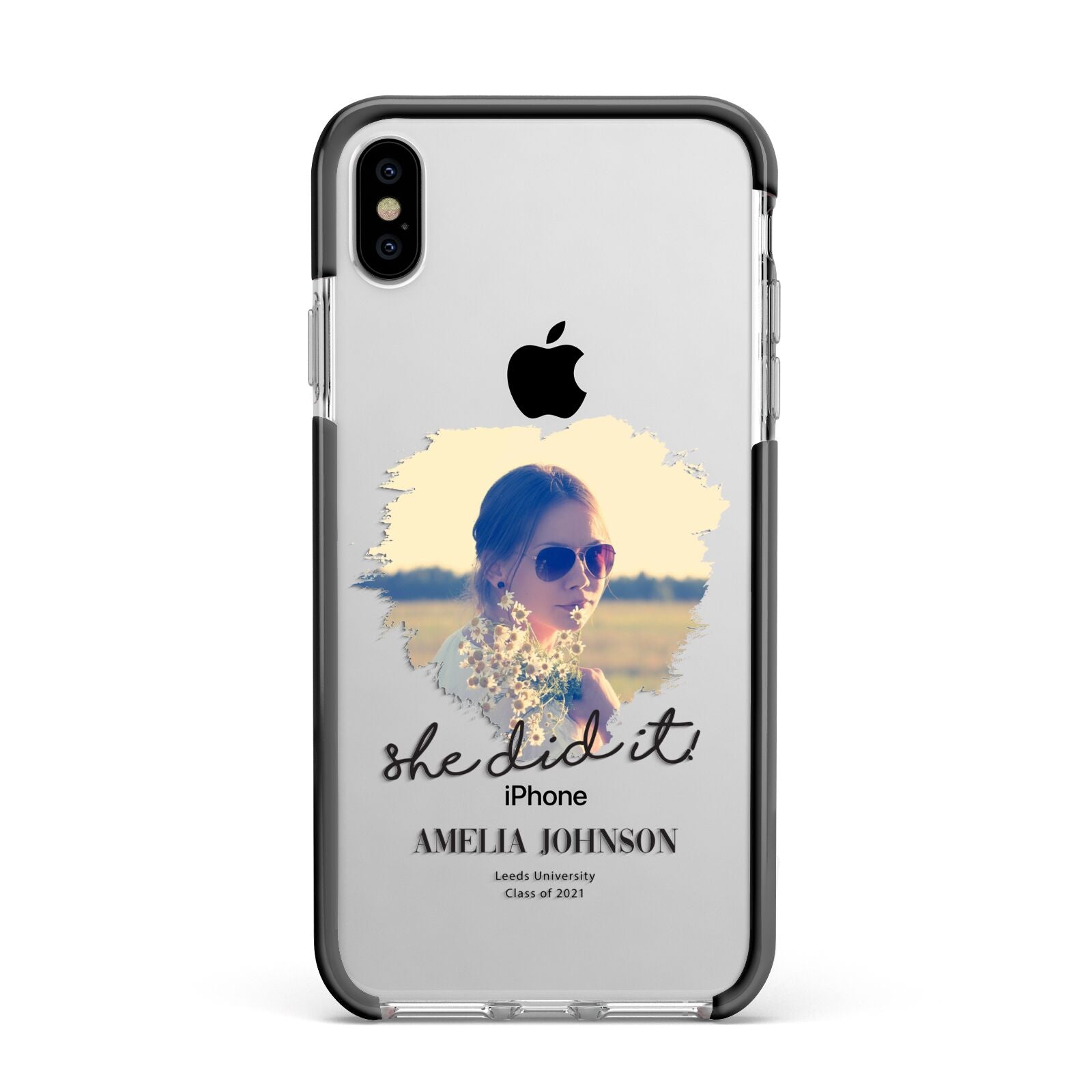 She Did It Graduation Photo with Name Apple iPhone Xs Max Impact Case Black Edge on Silver Phone