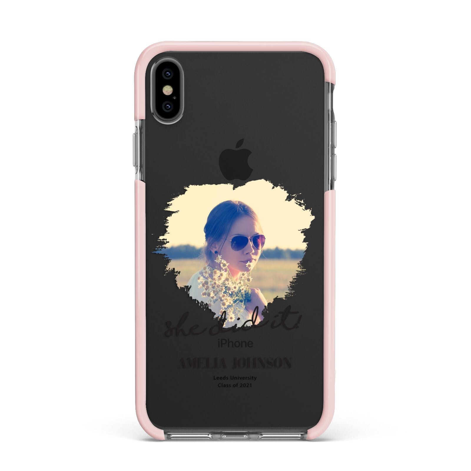 She Did It Graduation Photo with Name Apple iPhone Xs Max Impact Case Pink Edge on Black Phone