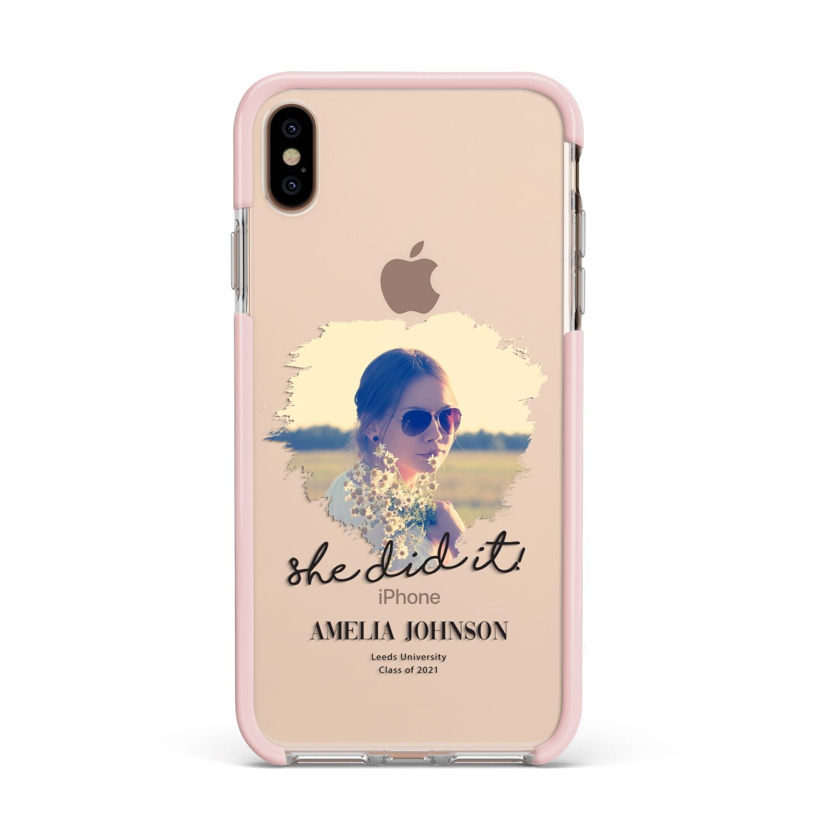 She Did It Graduation Photo with Name Apple iPhone Xs Max Impact Case Pink Edge on Gold Phone
