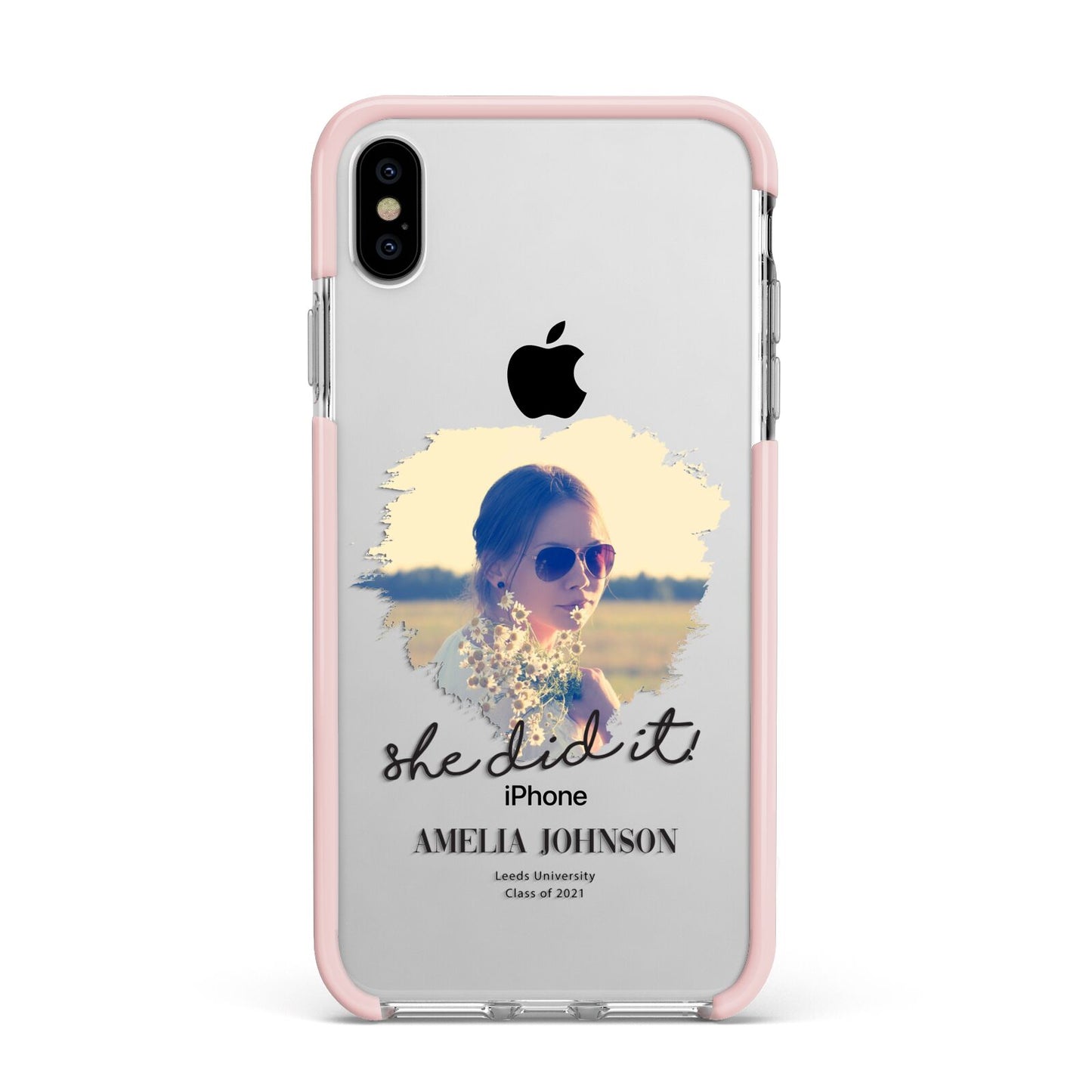 She Did It Graduation Photo with Name Apple iPhone Xs Max Impact Case Pink Edge on Silver Phone