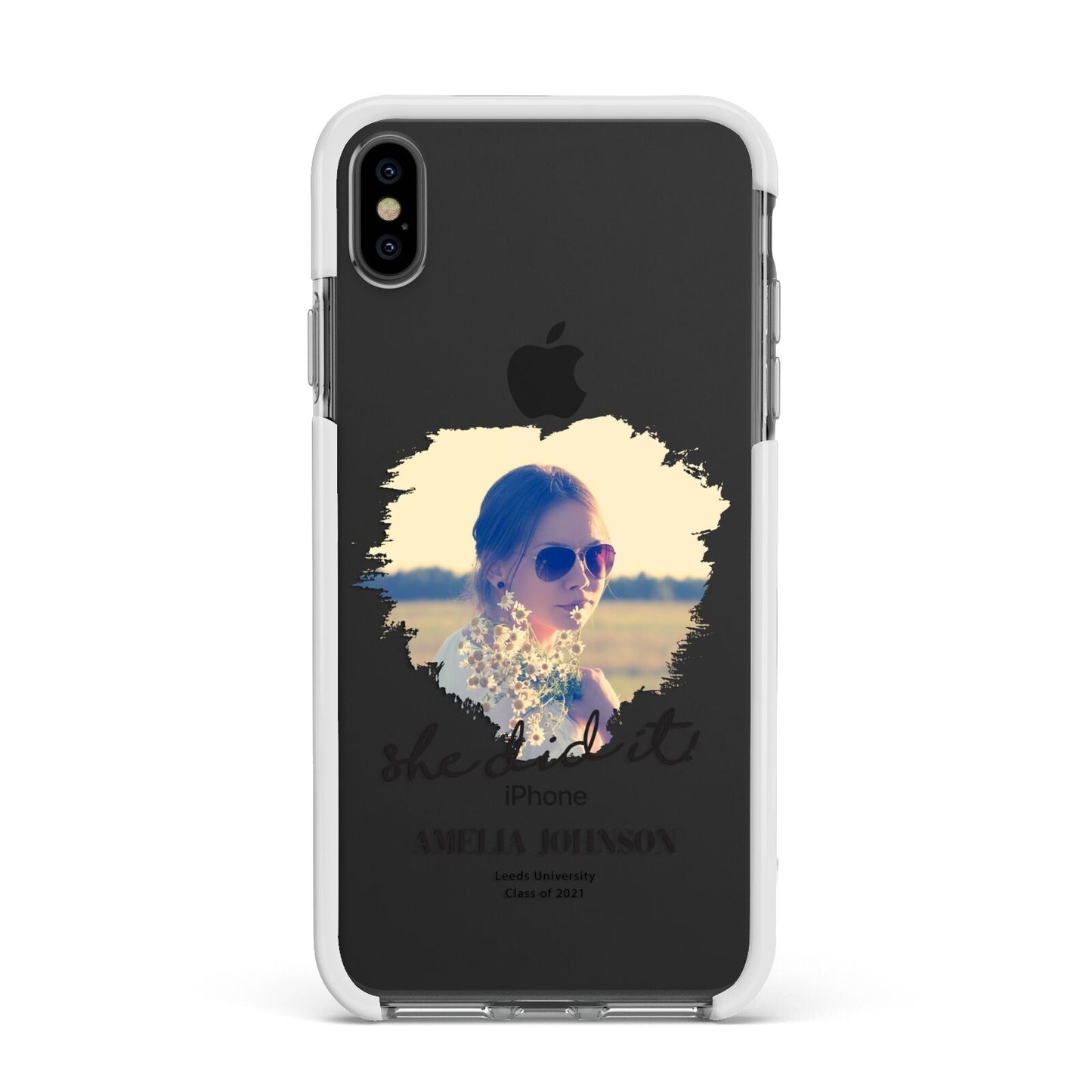 She Did It Graduation Photo with Name Apple iPhone Xs Max Impact Case White Edge on Black Phone