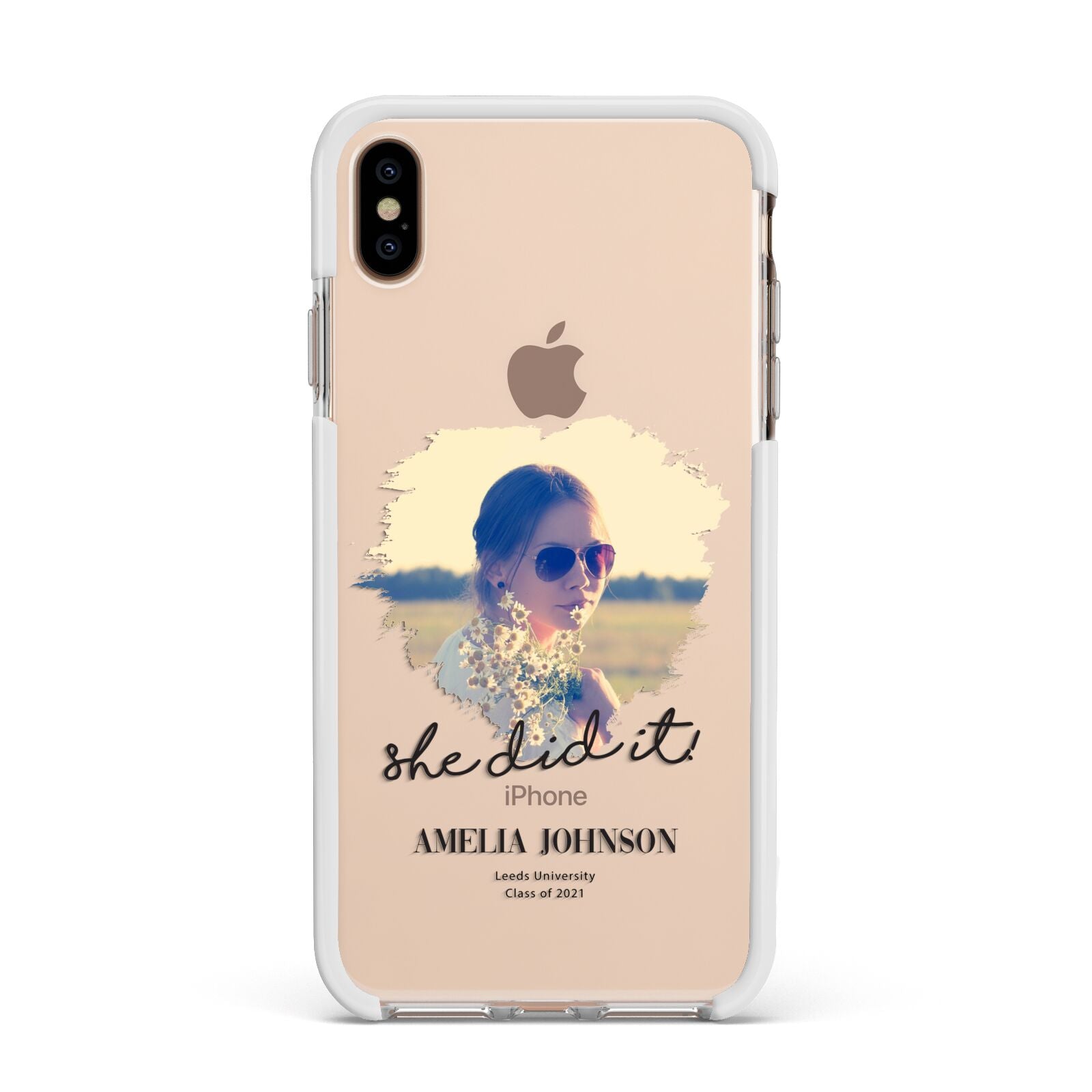 She Did It Graduation Photo with Name Apple iPhone Xs Max Impact Case White Edge on Gold Phone