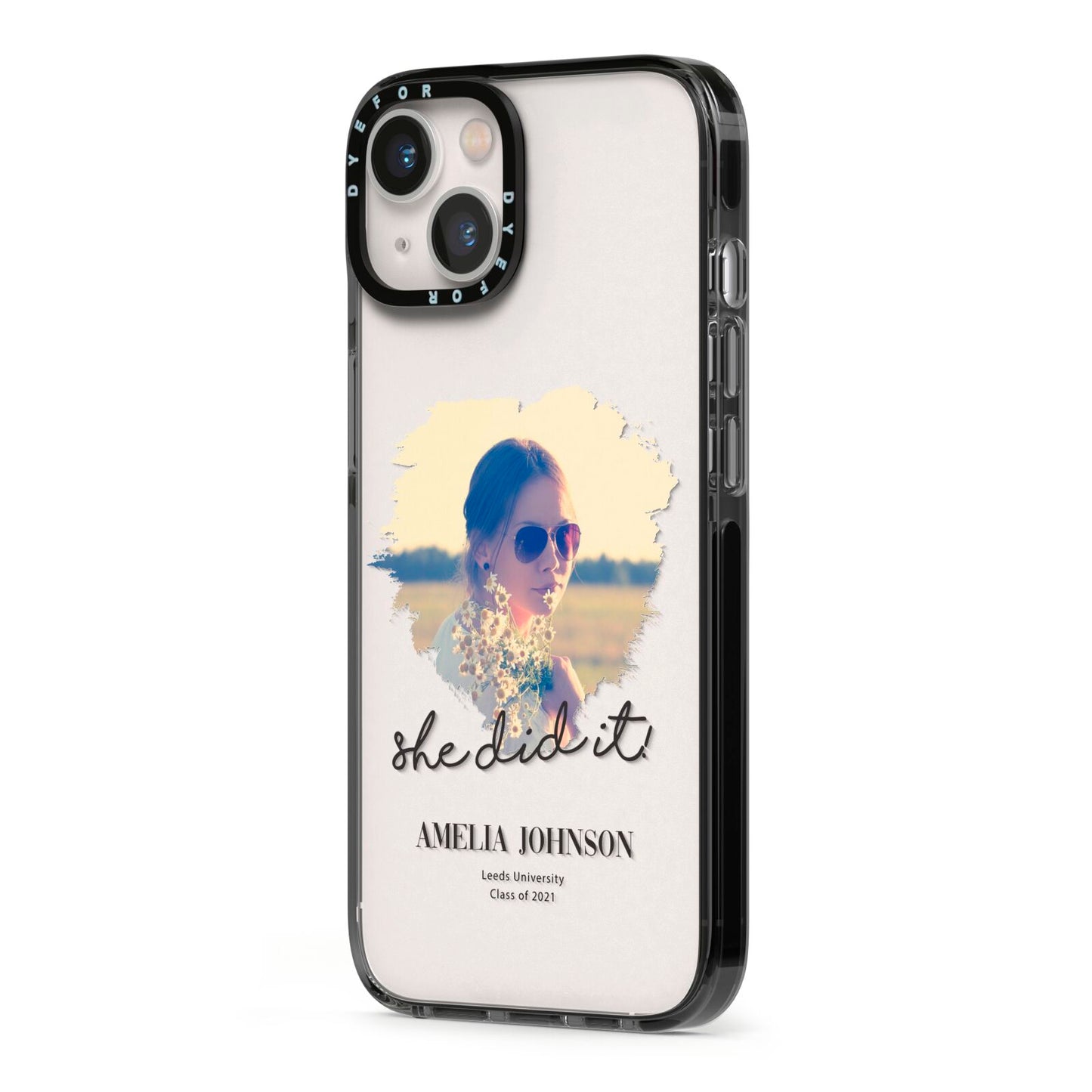 She Did It Graduation Photo with Name iPhone 13 Black Impact Case Side Angle on Silver phone