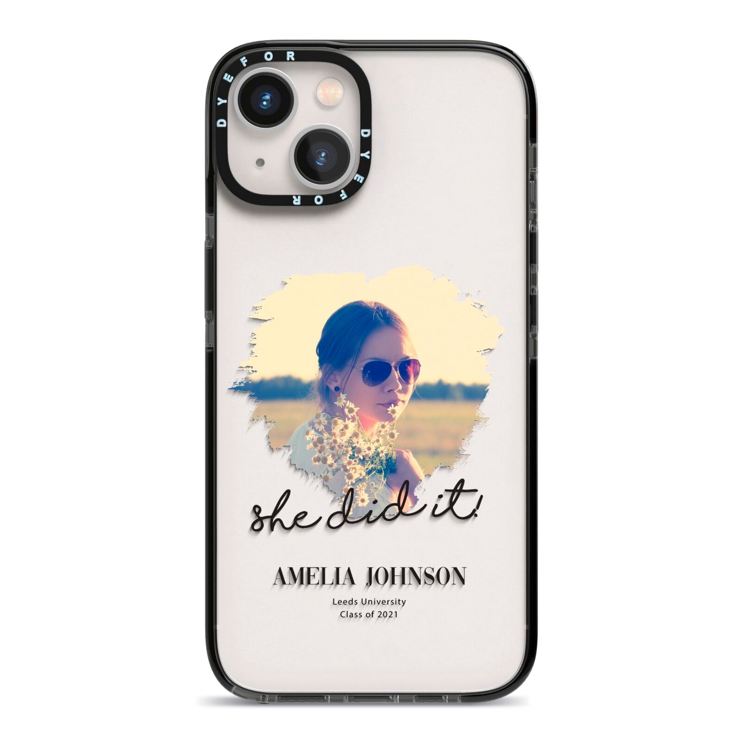 She Did It Graduation Photo with Name iPhone 13 Black Impact Case on Silver phone