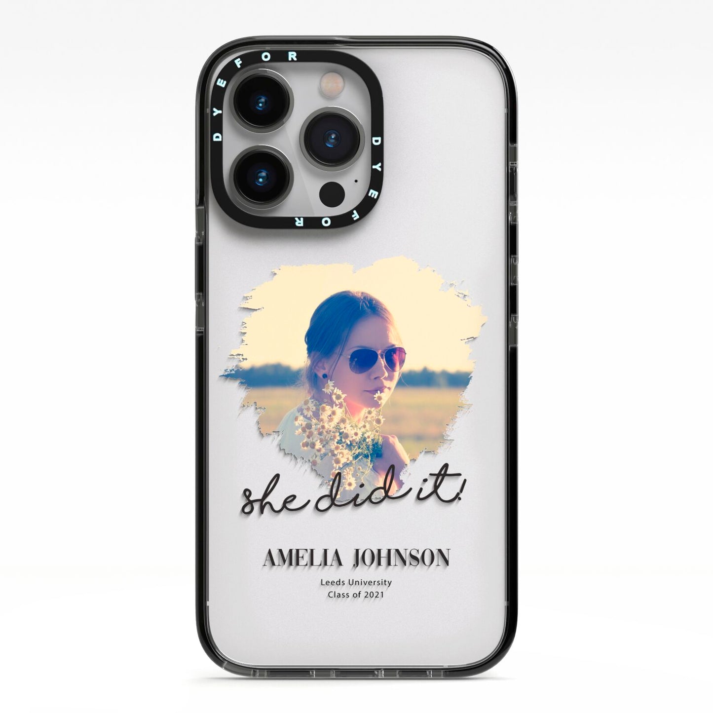 She Did It Graduation Photo with Name iPhone 13 Pro Black Impact Case on Silver phone