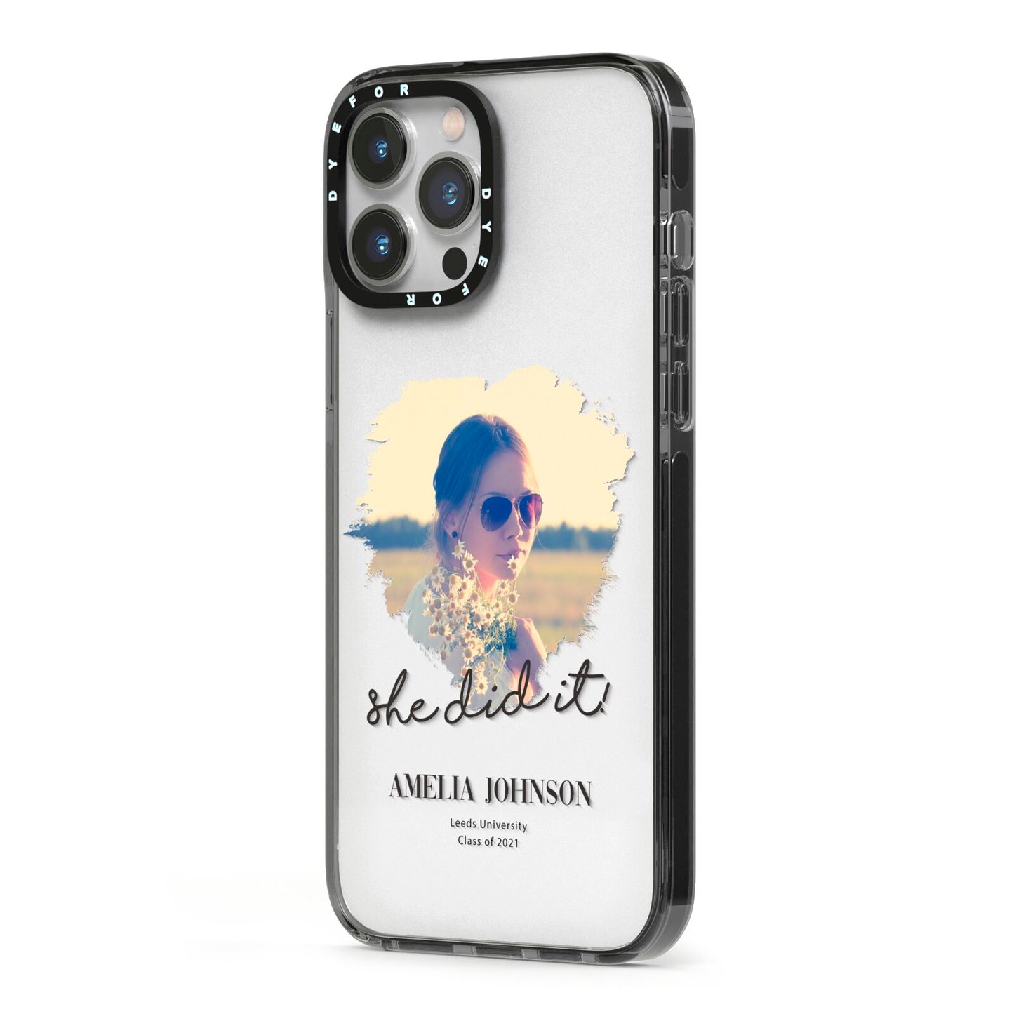 She Did It Graduation Photo with Name iPhone 13 Pro Max Black Impact Case Side Angle on Silver phone