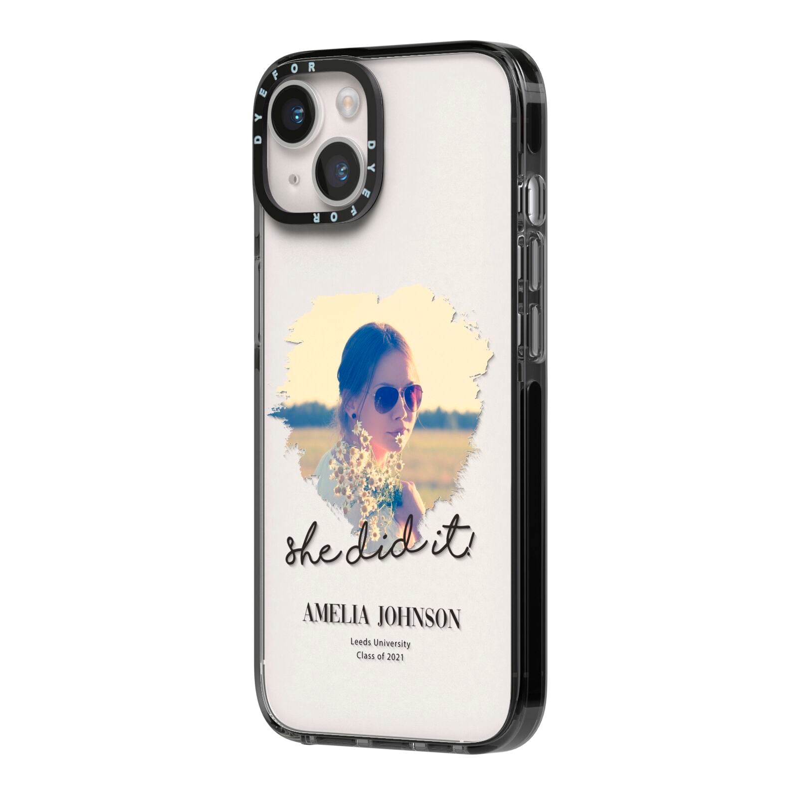 She Did It Graduation Photo with Name iPhone 14 Black Impact Case Side Angle on Silver phone