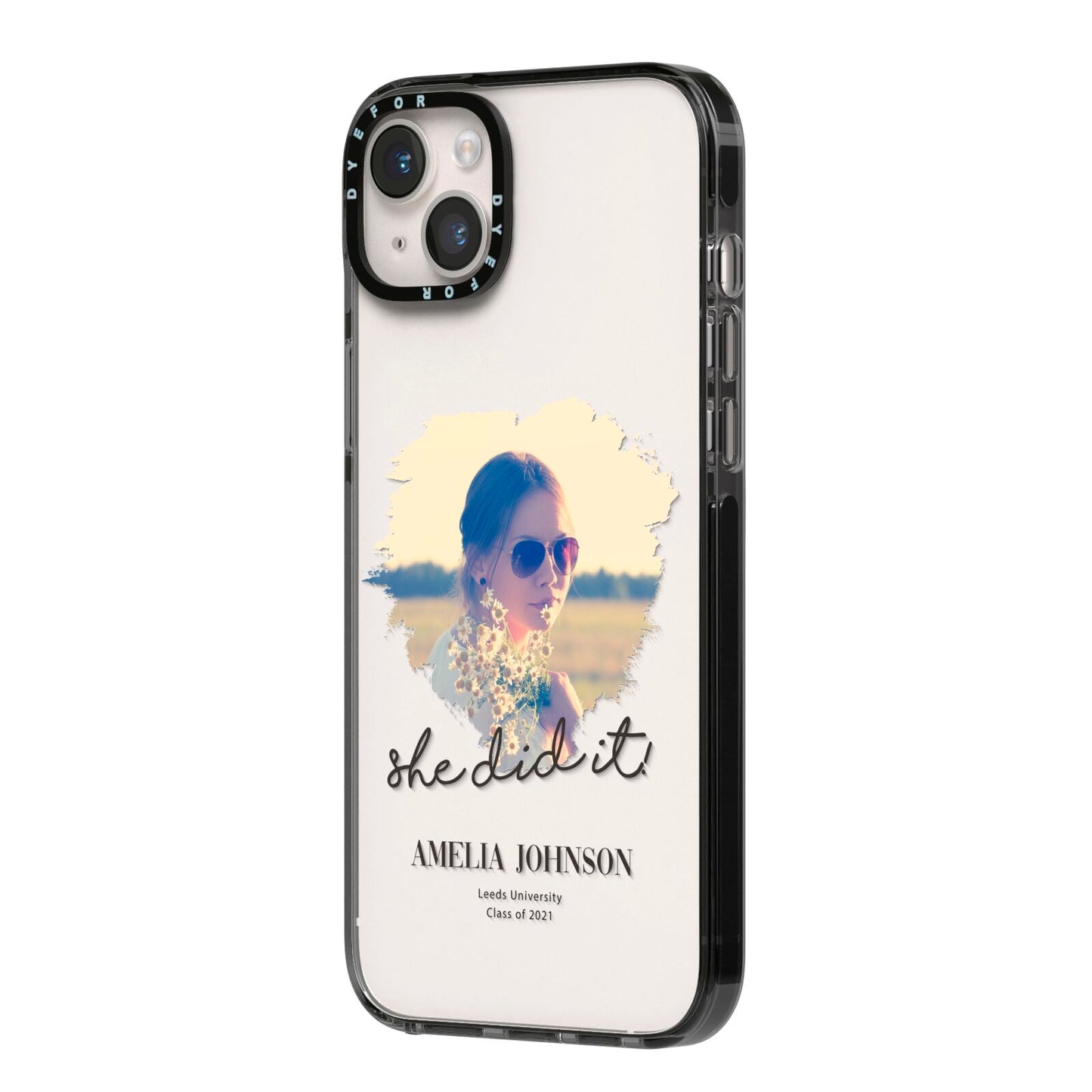 She Did It Graduation Photo with Name iPhone 14 Plus Black Impact Case Side Angle on Silver phone