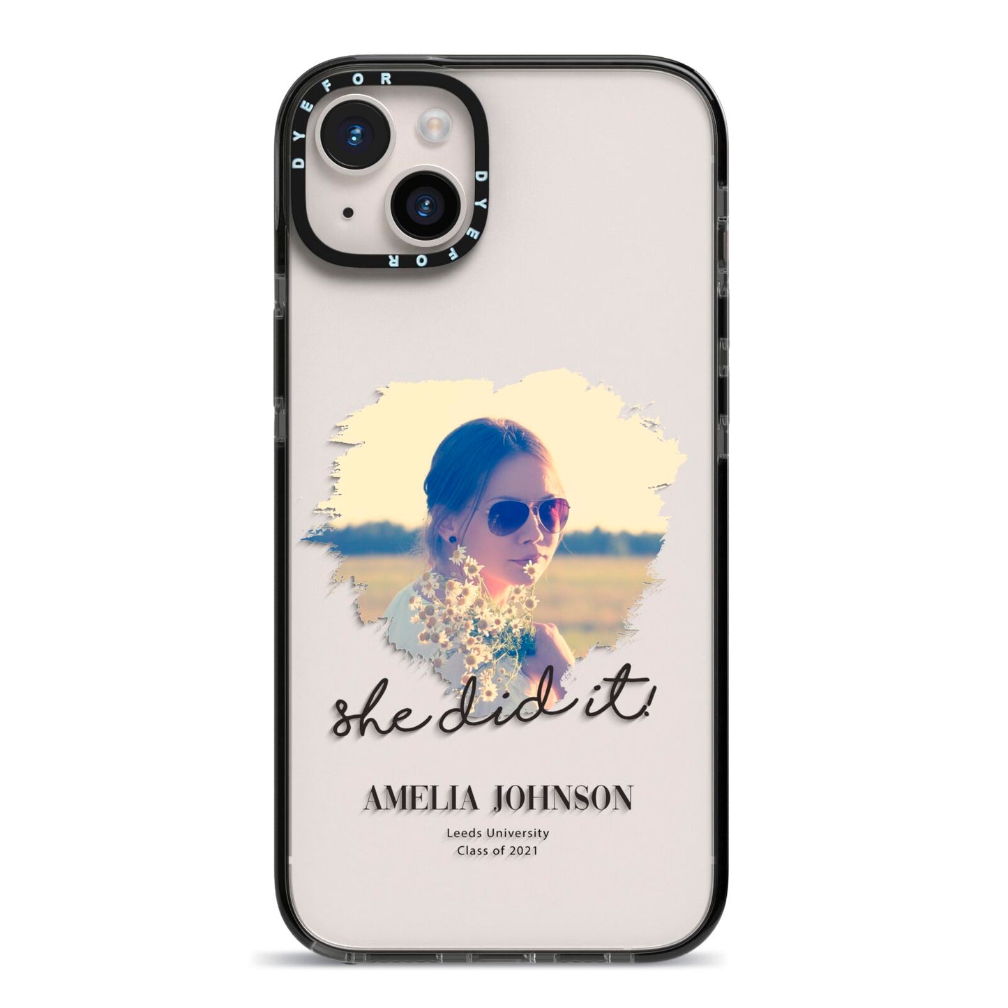 She Did It Graduation Photo with Name iPhone 14 Plus Black Impact Case on Silver phone