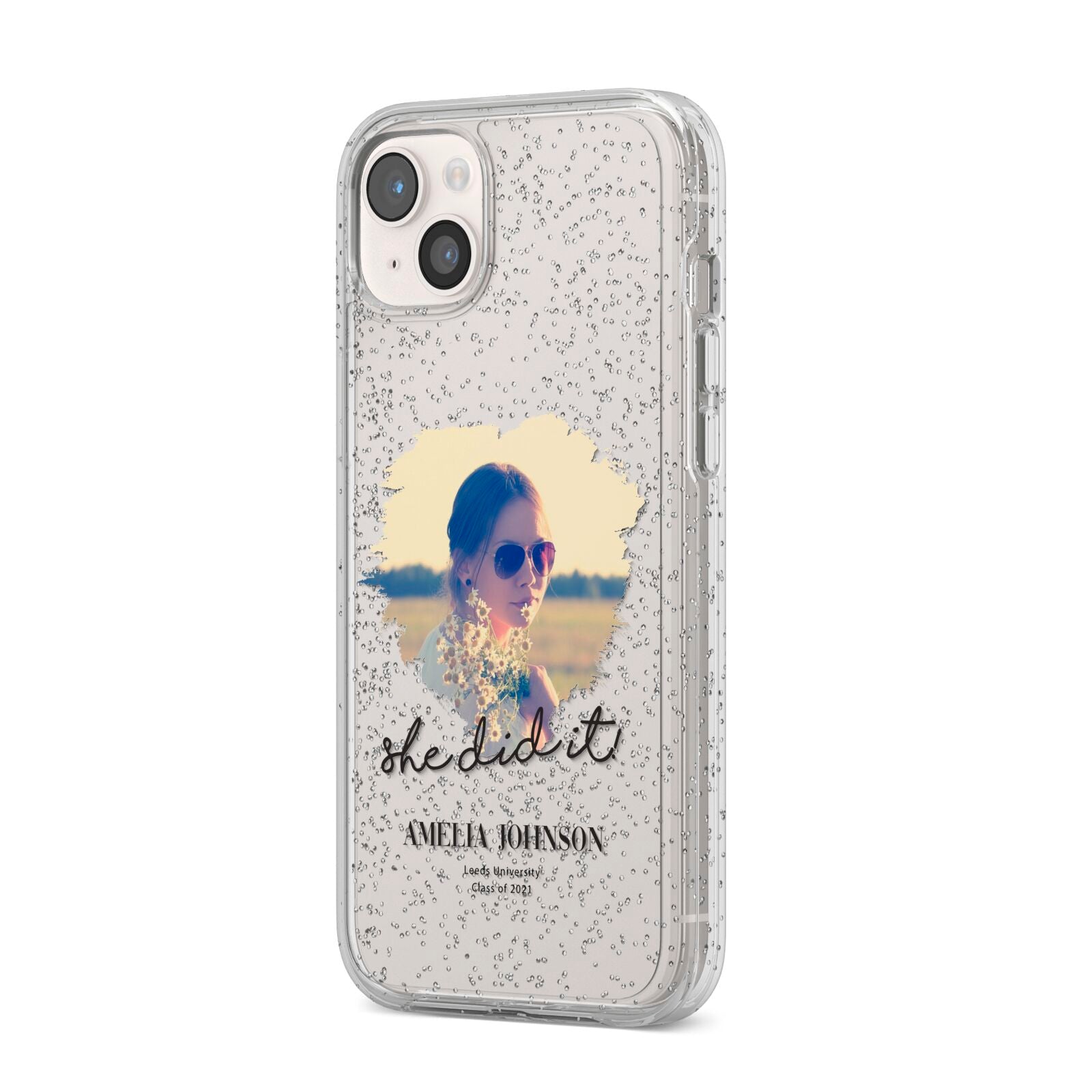 She Did It Graduation Photo with Name iPhone 14 Plus Glitter Tough Case Starlight Angled Image