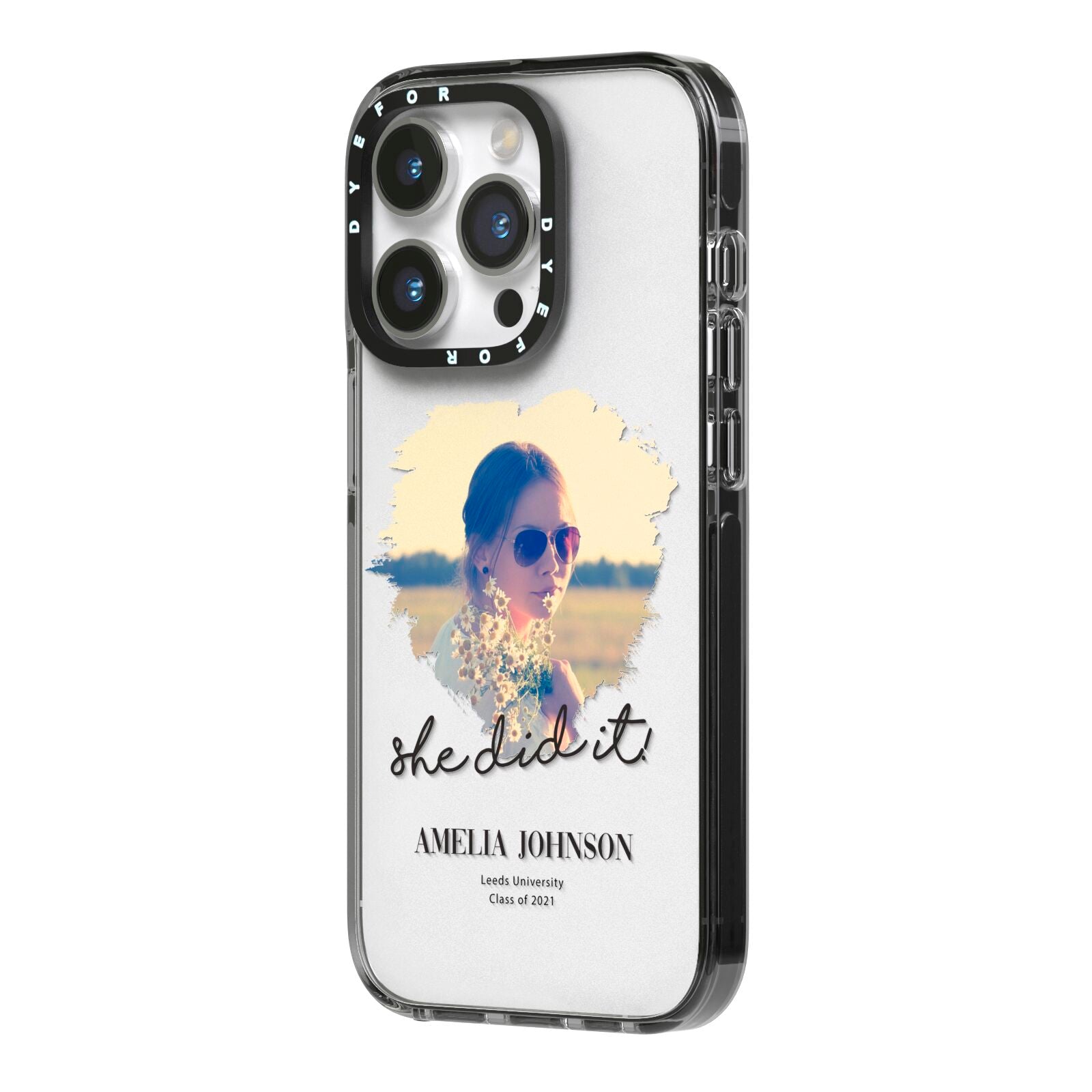 She Did It Graduation Photo with Name iPhone 14 Pro Black Impact Case Side Angle on Silver phone