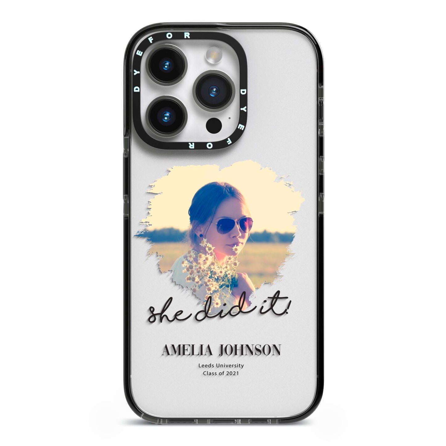 She Did It Graduation Photo with Name iPhone 14 Pro Black Impact Case on Silver phone