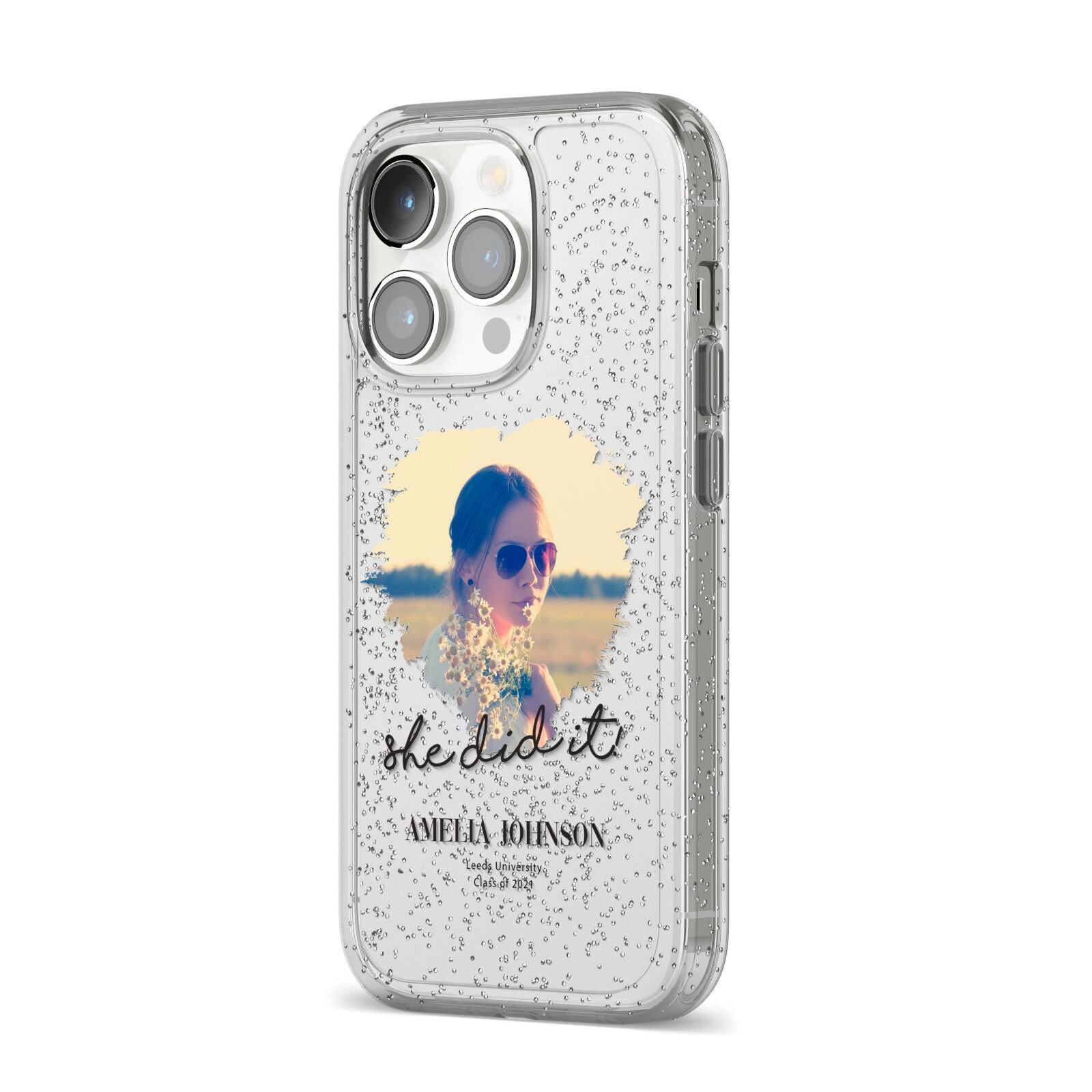 She Did It Graduation Photo with Name iPhone 14 Pro Glitter Tough Case Silver Angled Image