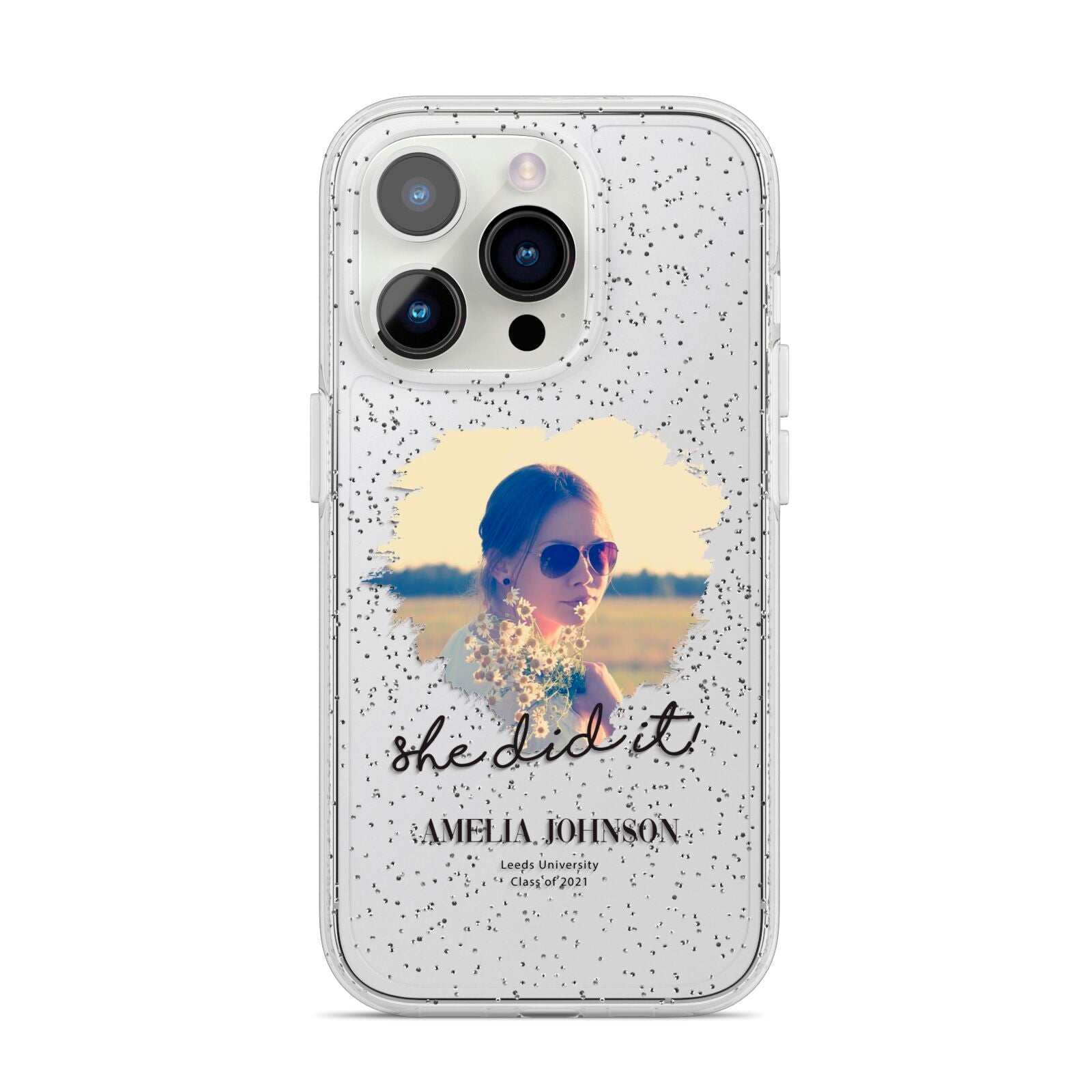 She Did It Graduation Photo with Name iPhone 14 Pro Glitter Tough Case Silver