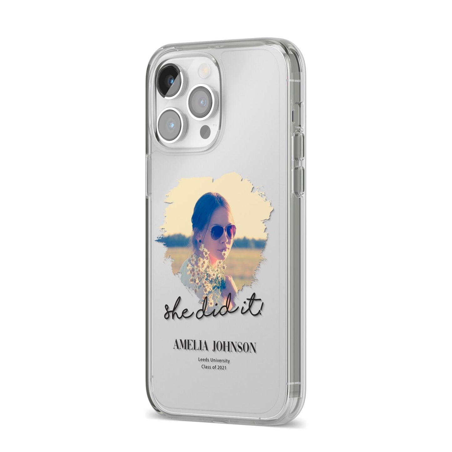She Did It Graduation Photo with Name iPhone 14 Pro Max Clear Tough Case Silver Angled Image