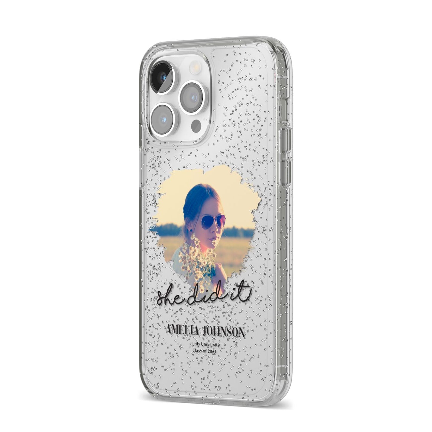 She Did It Graduation Photo with Name iPhone 14 Pro Max Glitter Tough Case Silver Angled Image