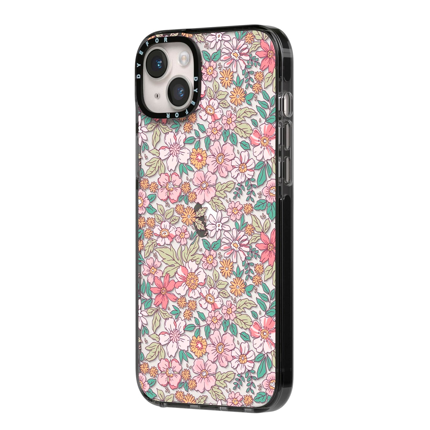 Small Floral Pattern iPhone 14 Plus Black Impact Case Side Angle on Silver phone