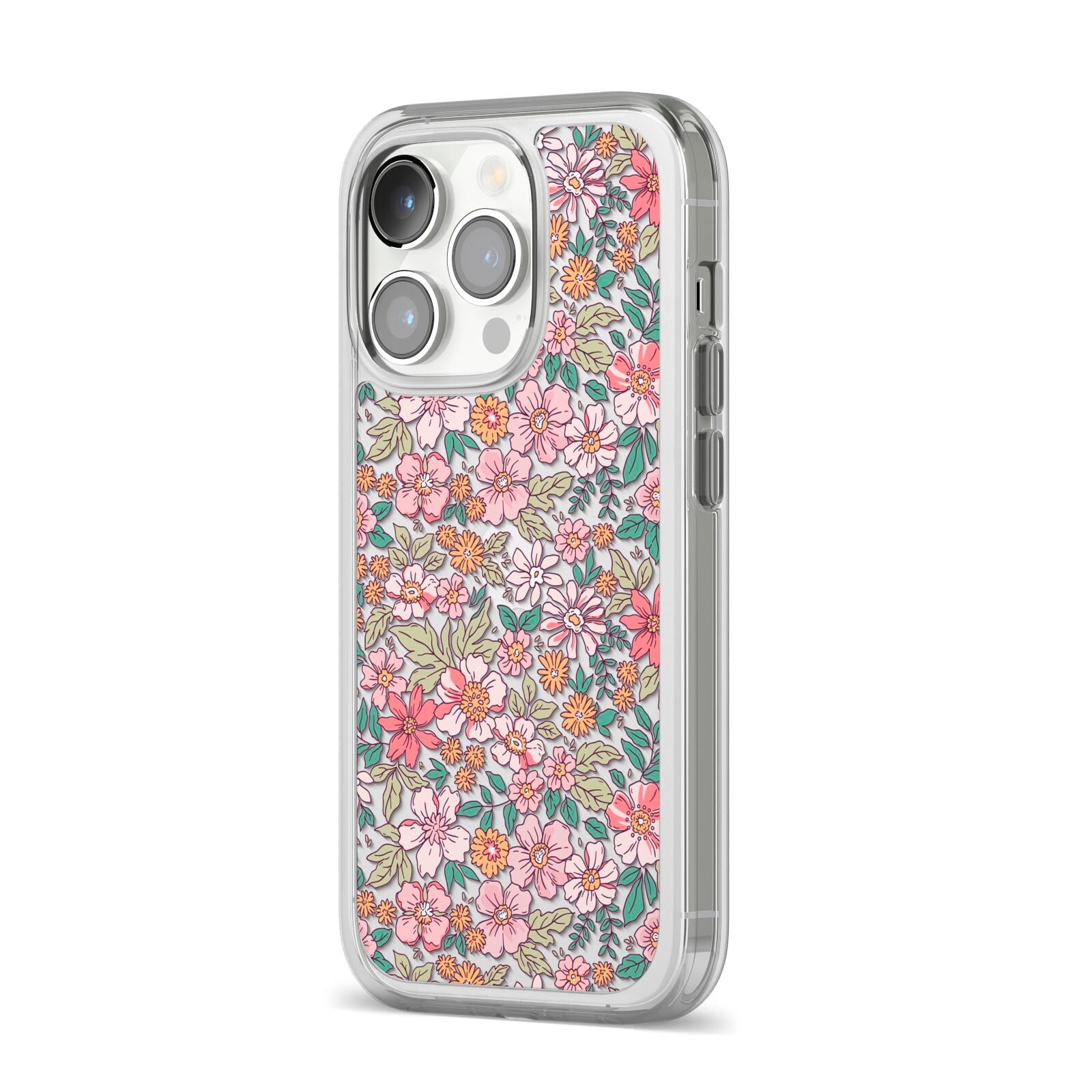 Small Floral Pattern iPhone 14 Pro Clear Tough Case Silver Angled Image