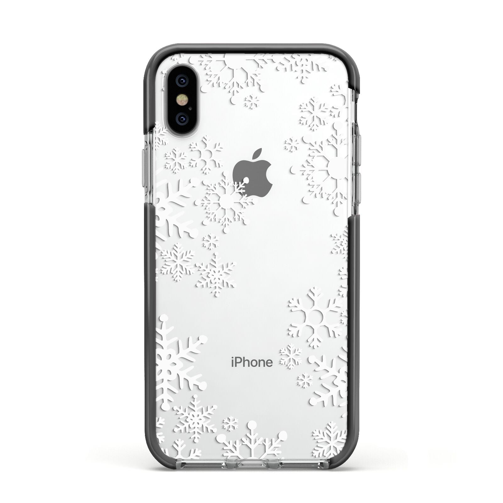Snowflake Apple iPhone Xs Impact Case Black Edge on Silver Phone
