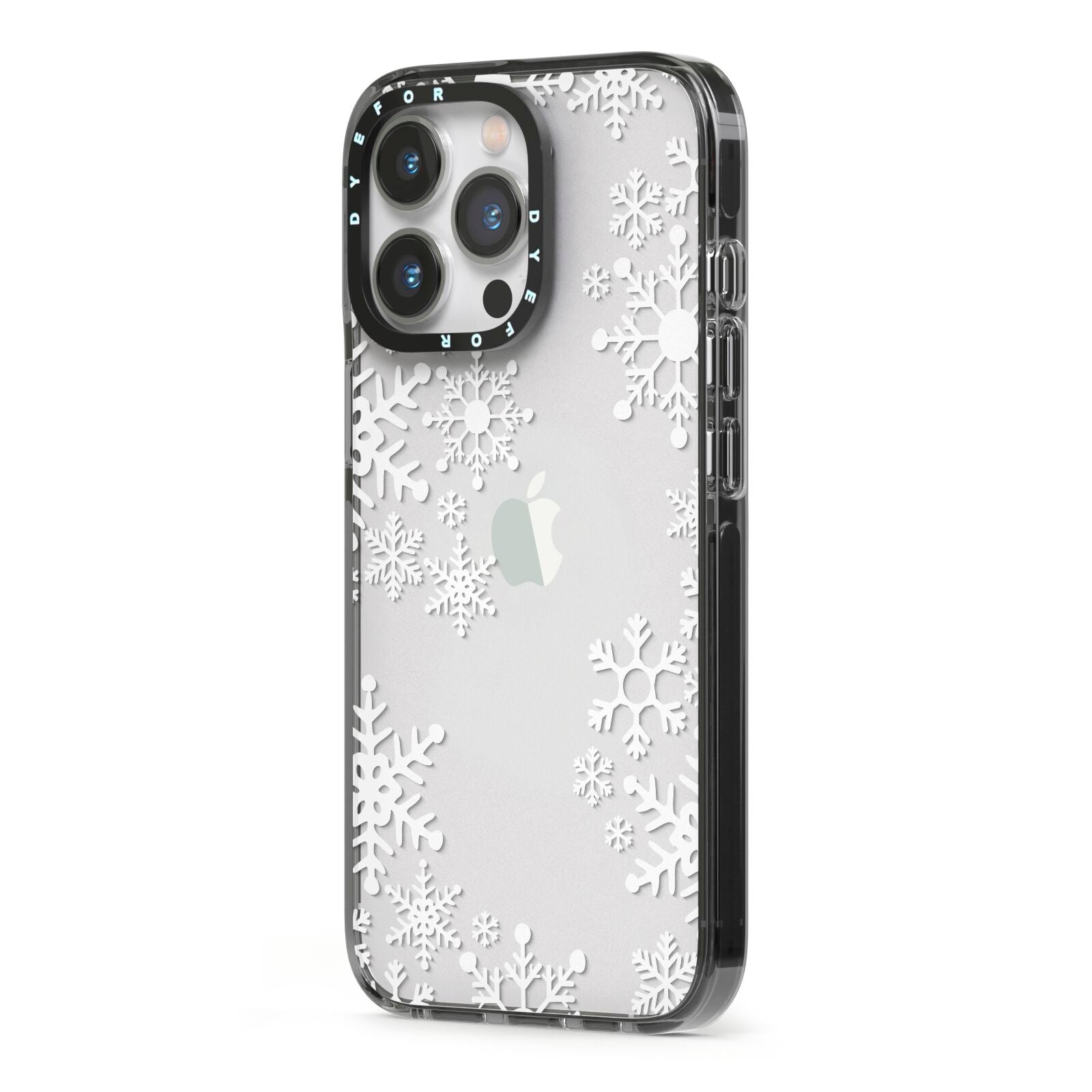 Snowflake iPhone 13 Pro Black Impact Case Side Angle on Silver phone