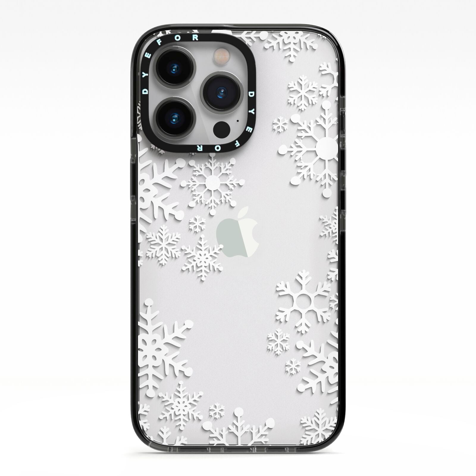 Snowflake iPhone 13 Pro Black Impact Case on Silver phone