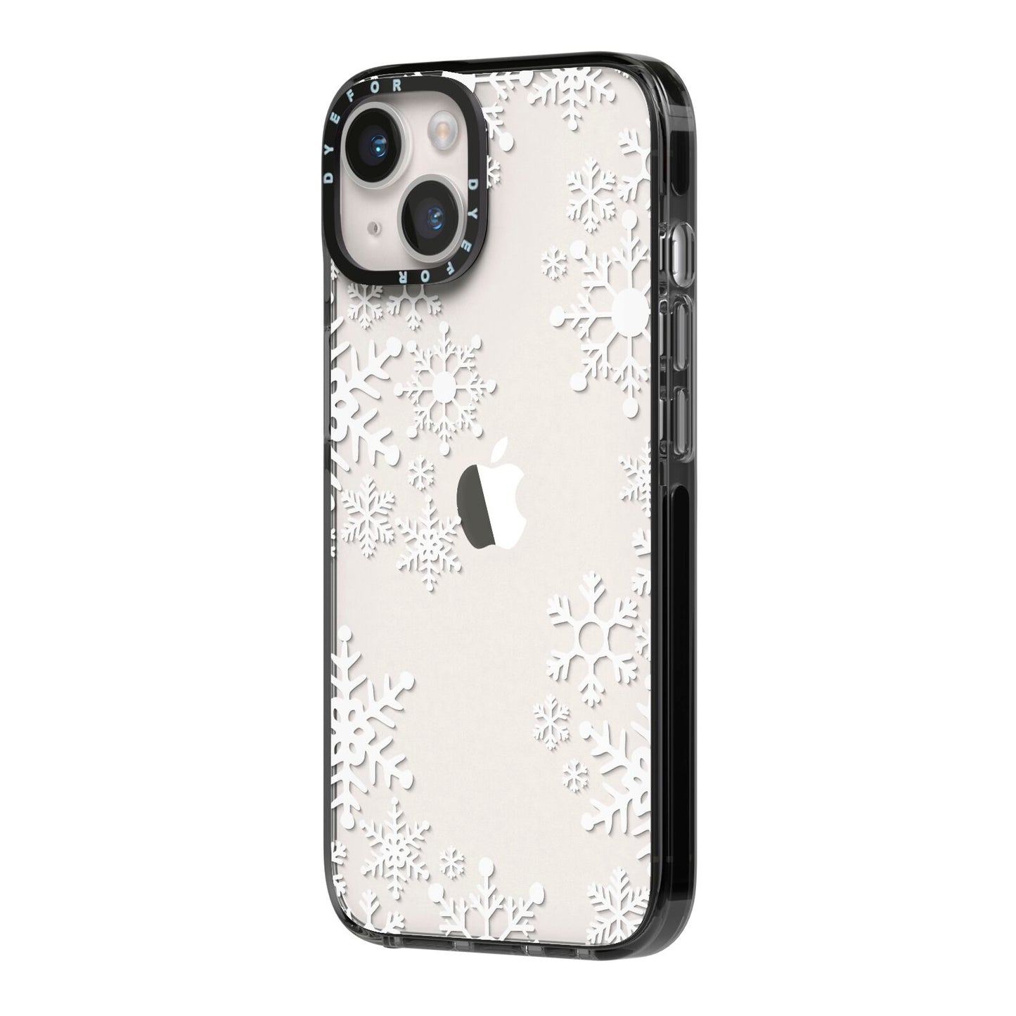 Snowflake iPhone 14 Black Impact Case Side Angle on Silver phone