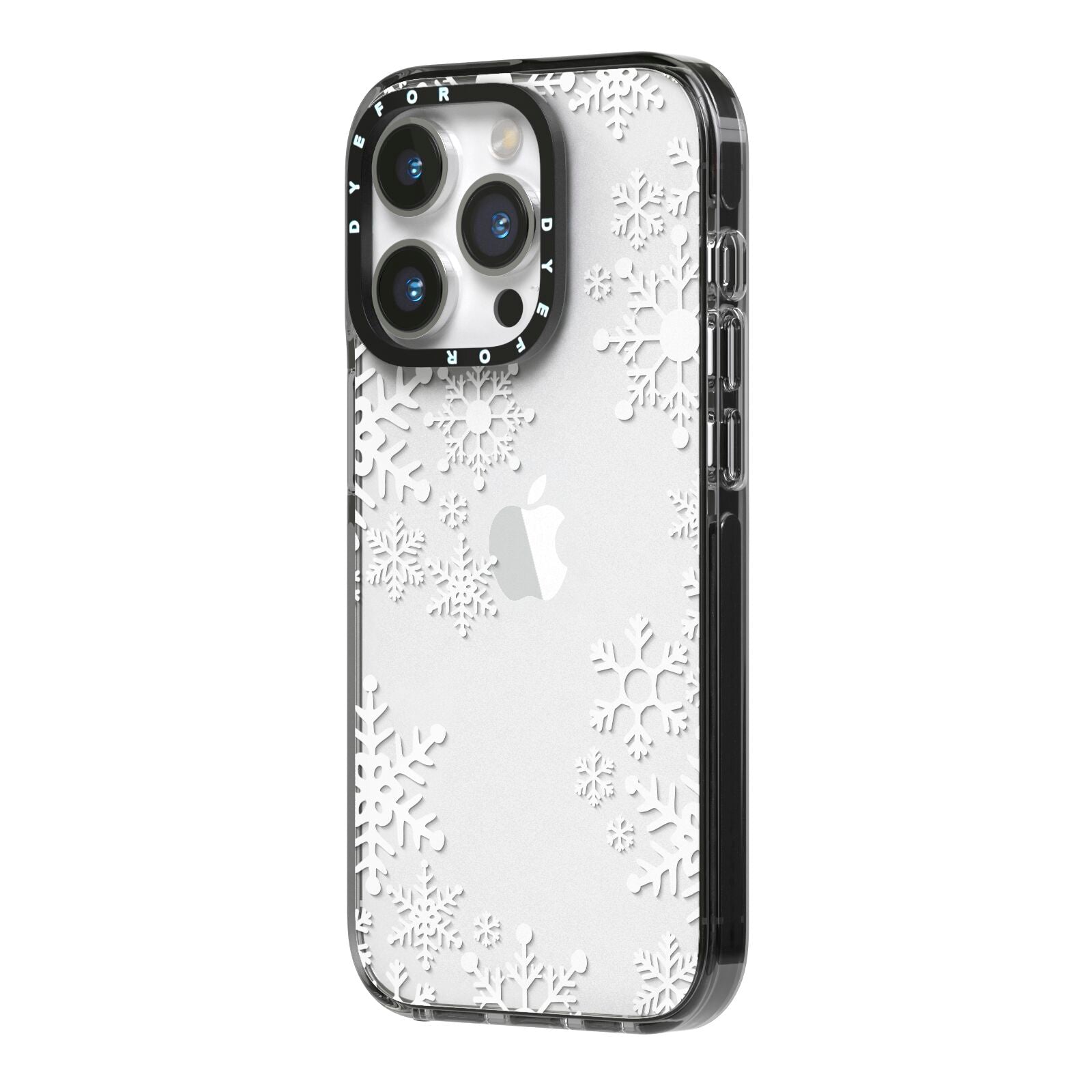 Snowflake iPhone 14 Pro Black Impact Case Side Angle on Silver phone