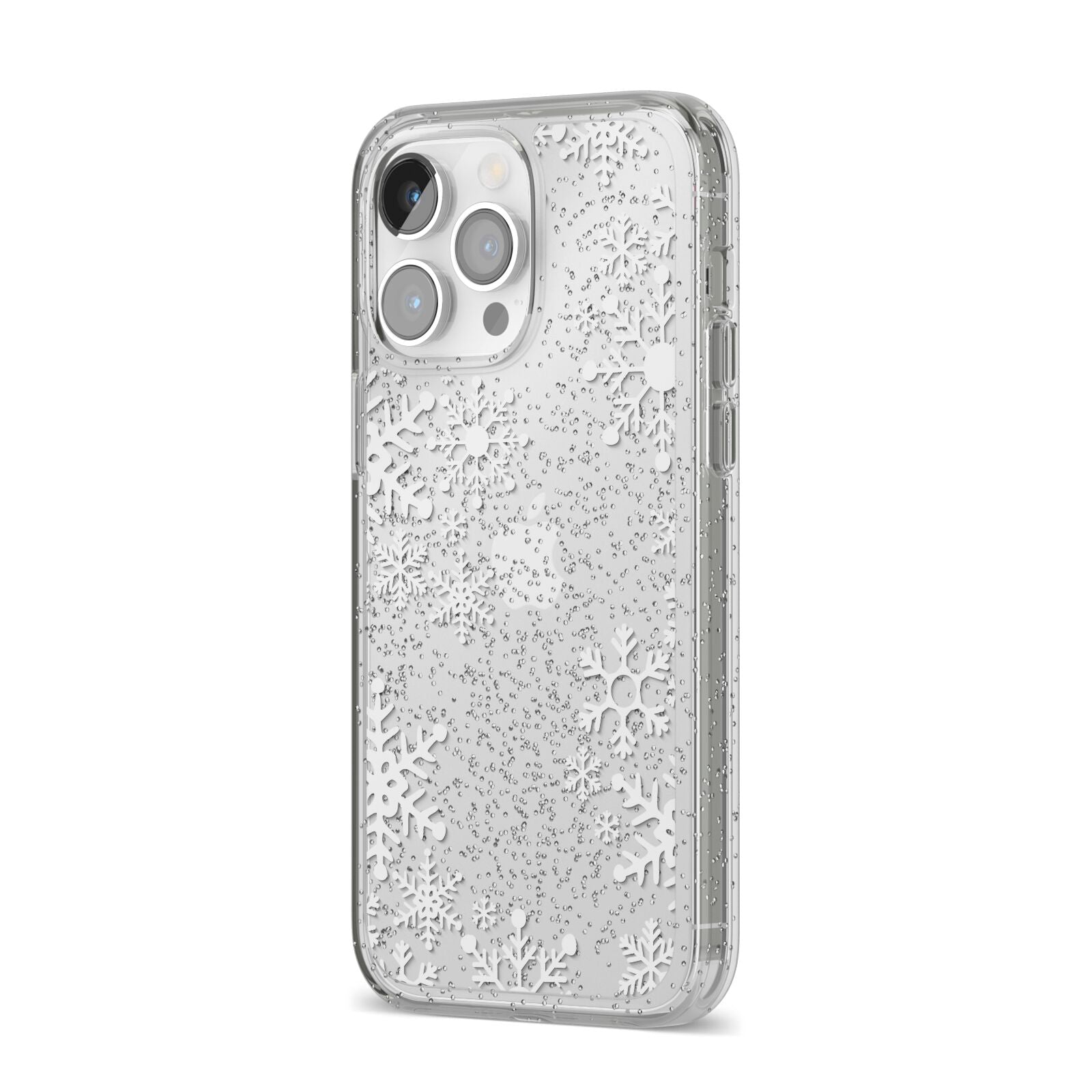 Snowflake iPhone 14 Pro Max Glitter Tough Case Silver Angled Image