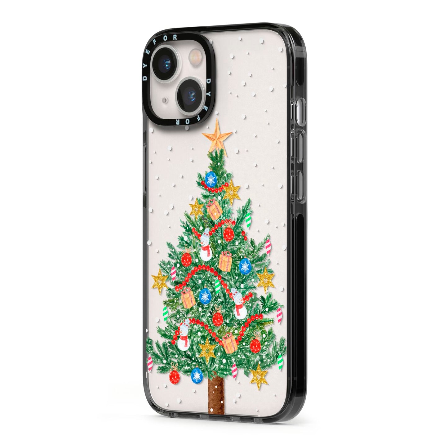Sparkling Christmas Tree iPhone 13 Black Impact Case Side Angle on Silver phone